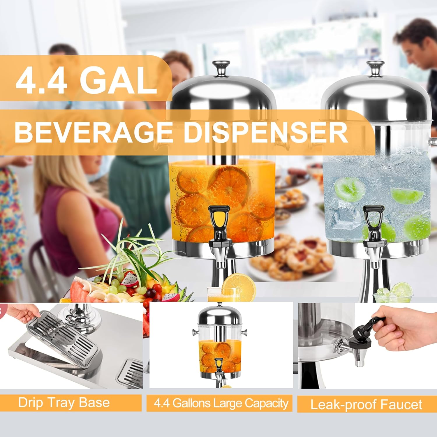 Beverage Dispenser,4.4 Gallon Beverage Dispenser for Parties, Stainless Steel Dual-Head Juice Dispenser with Centre Ice Core and Drip Trays for Parties, Buffet Cafeterias, Homes, Weddings, Events