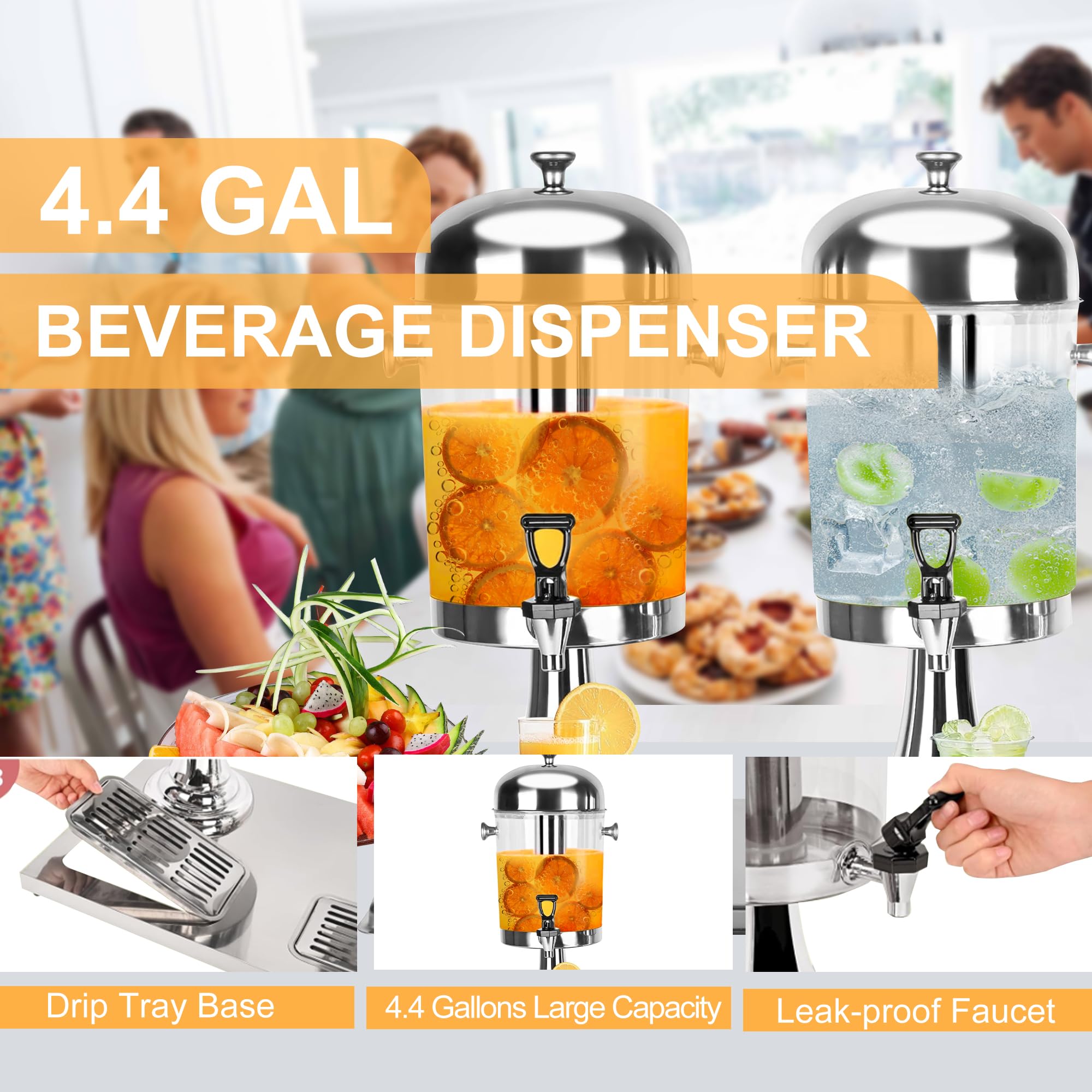 Dispenser per bevande da 4,4 galloni per feste con nucleo di ghiaccio e vaschette antigoccia, in acciaio inox Dual Catering, dispenser per bevande fredde con supporto per feste, matrimoni, buffet