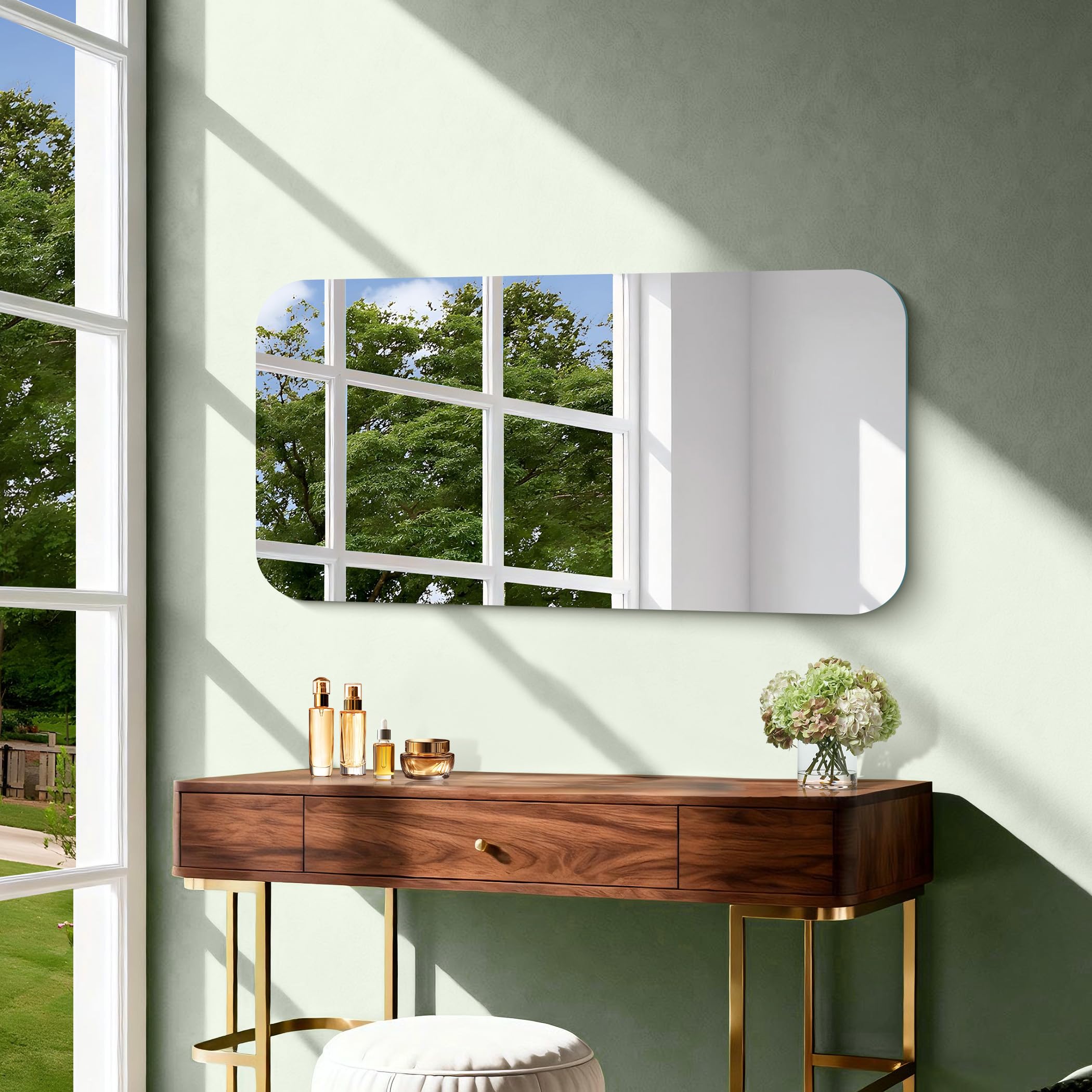 Miroir mural rectangulaire 50 x 100 cm sans cadre avec coins arrondis, miroir rectangulaire pour salle de bain, chambre à coucher, salon, à suspendre horizontalement ou verticalement