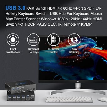USB 3.0 KVM Switch HDMI 4 Computer 1 Monitor 4K 60Hz SPDIF L/R Hotkey - Share one Set of Keyboard Mouse Printer,1080p 120Hz 144Hz HDCP Bypass,4X USB3.0 Cable,IR Remote Ext. Windows Mac 41KVMP