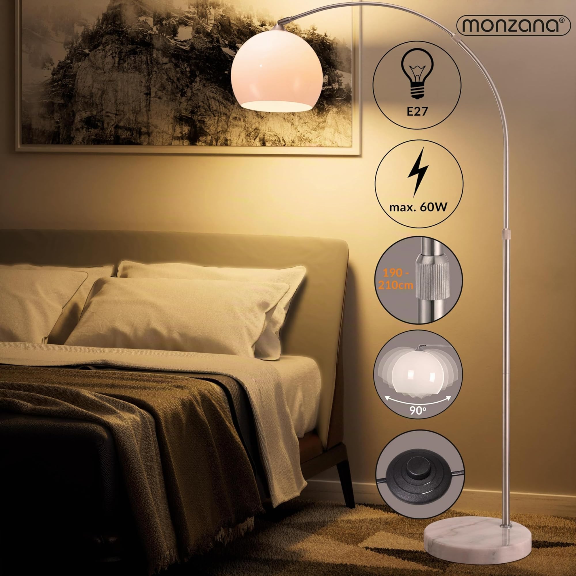 Monzana Lampada da Terra Altezza Regolabile 190-210 Base Marmo Acciaio Inox Piantana ad Arco Orientabile Salotto Soggiorno