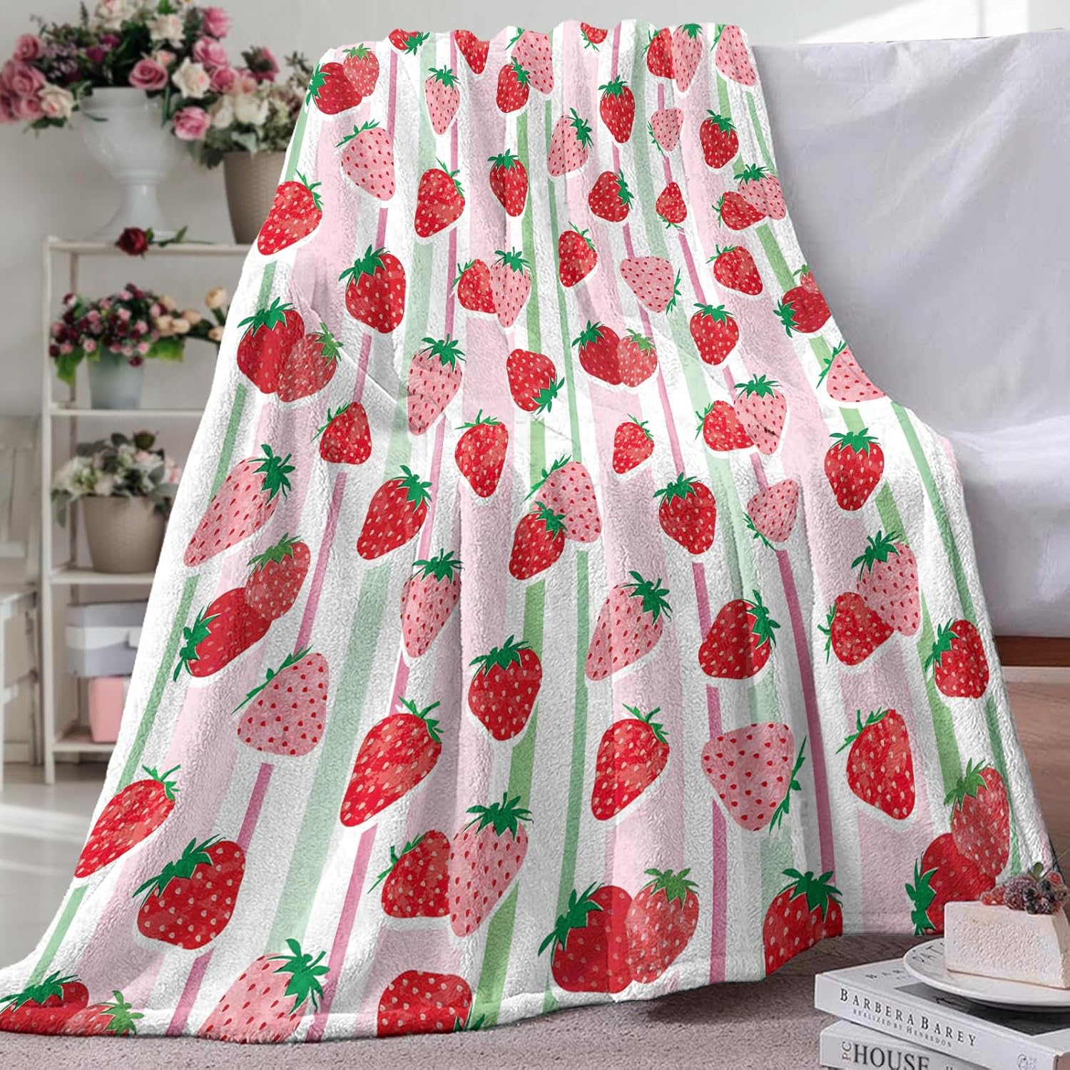 Pink Strawberry Flannel Throw Blanket, Fruit Red Green Stripes Birthday Gifts for Kids Girls Women Adults Teen, Spring Summer Soft Blankets for Bedding Sofa 50" x 60" - Image 5