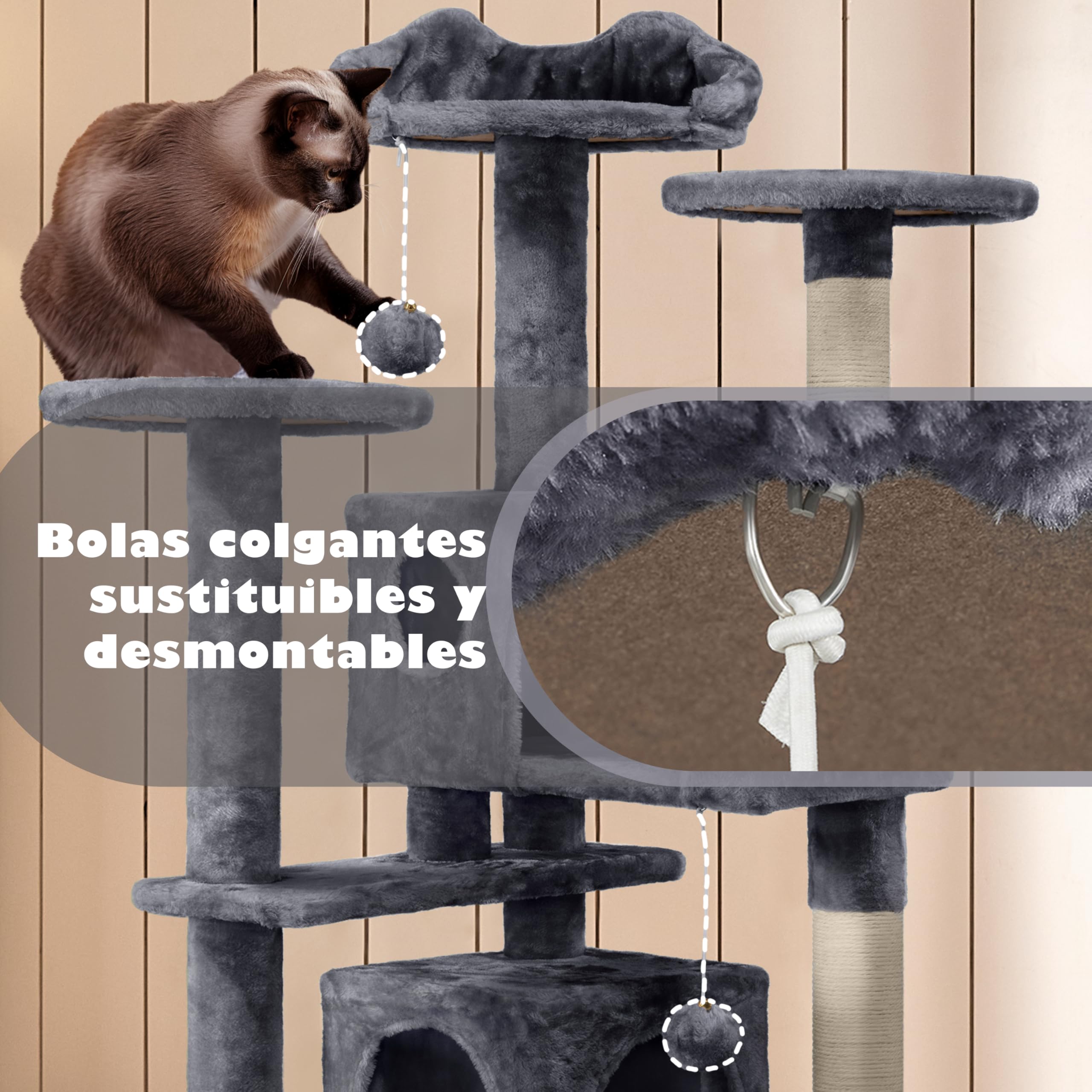 Yaheetech Árbol Rascador para Gatos 139cm con 3 Plataformas 2 Nidos 2 Pompones Torre de Escalador con Postes en Sisal Ideal para 3-4 Gatos Gris Oscuro — view 7