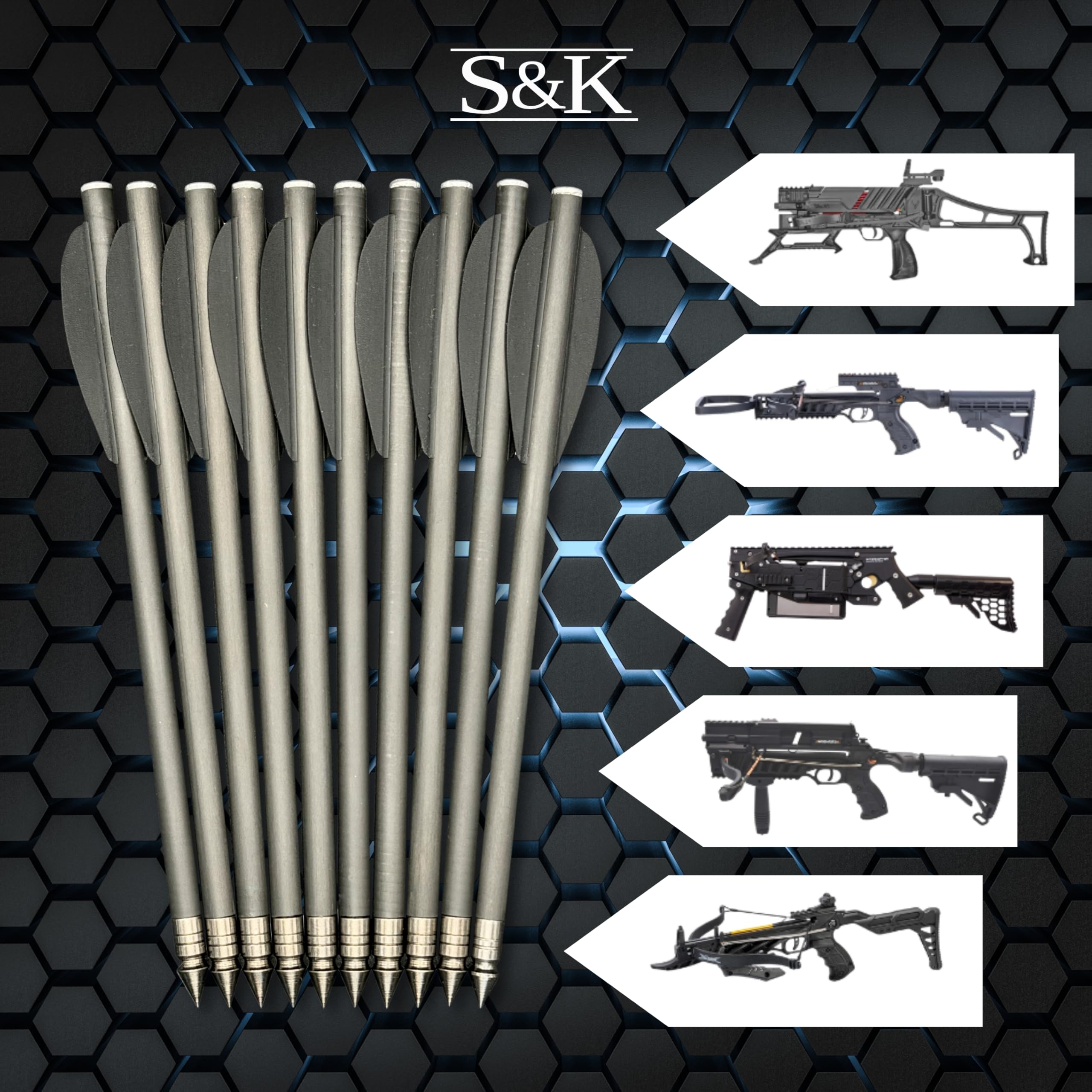 S&K - 10x Carbon Bolzen 6,3" für Pistolenarmbrust – Kompatibel mit Steambow Stinger, EK Archery Vlad & Cobra, Mey Interceptor UVM. – Hochpräzise Armbrustpfeile mit Field-Tip & schwarzen Vanes