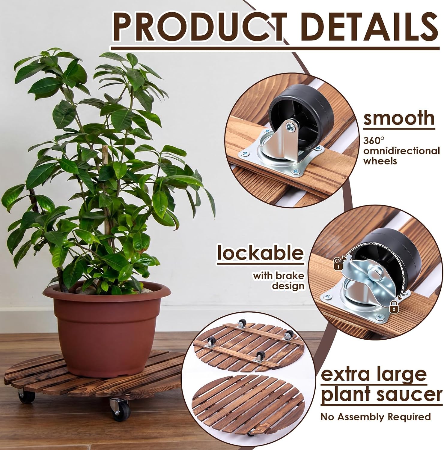 Novabright 25" Wooden Rolling Plant Heavy Duty Dolly Caddy with Locking Wheels Heavy Duty Wooden Plant Dolly Mobile Stand for Large Pots Small Furniture Outdoor(2 Pcs)