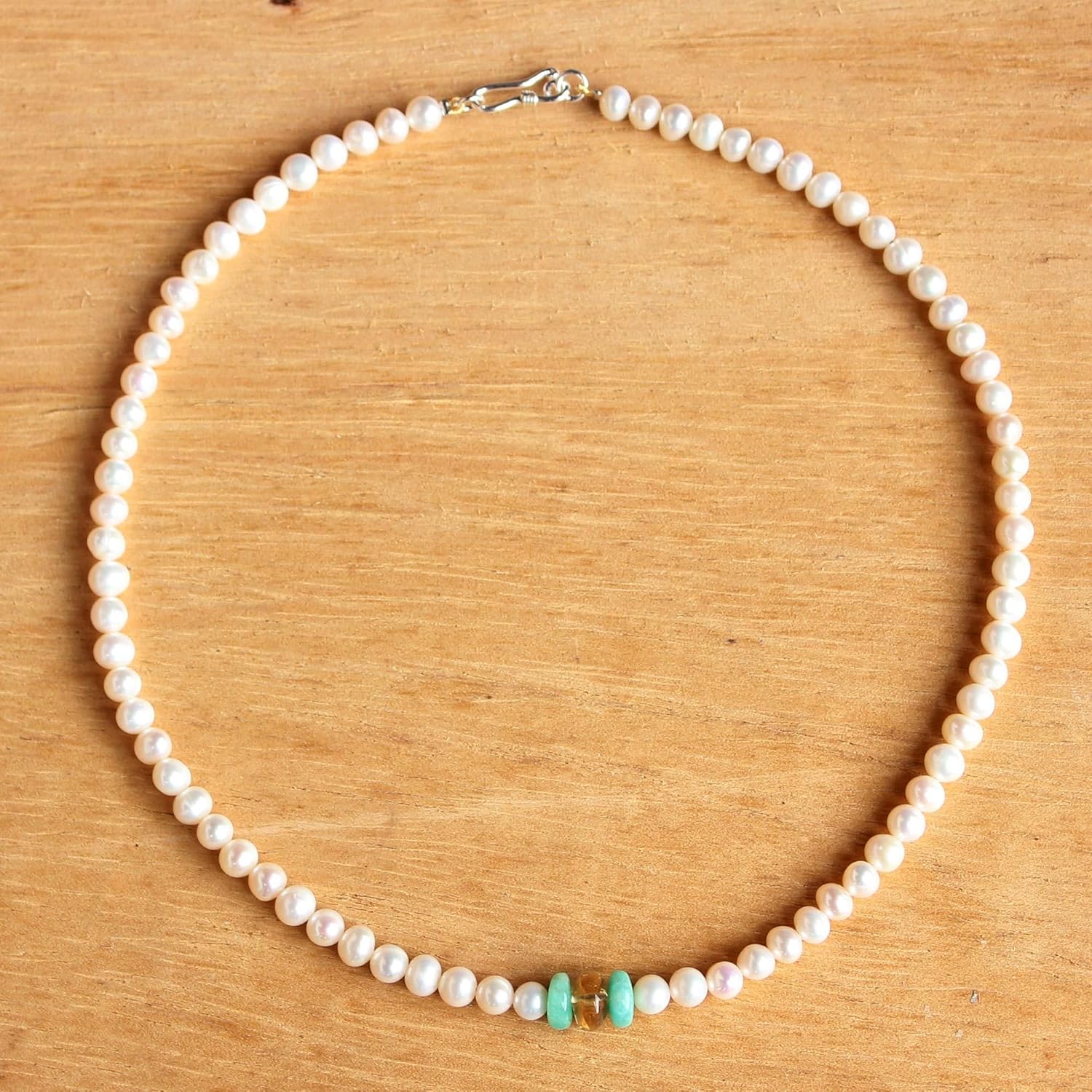 NOVICA Artisan Handmade Cultured Pearl Amazonite Strand Necklace Sterling Silver Citrine Green White Yellow Thailand Birthstone [16.5 in L x 0.2 in W] ' Lovely Lady'