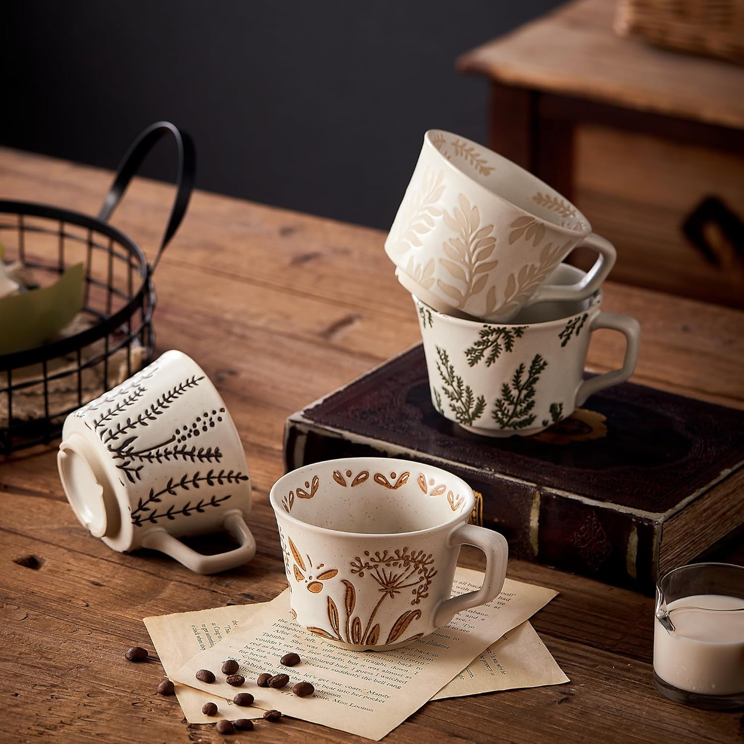 12oz Vintage Ceramic Coffee Mug Set of 2 - Handmade Stoneware Pottery Countryside Farmhouse Fall Autumn Tea Mugs with Big Handle for Latte,Cocoa,Dishwasher & Microwave Safe Cups (Plants) - Image 8