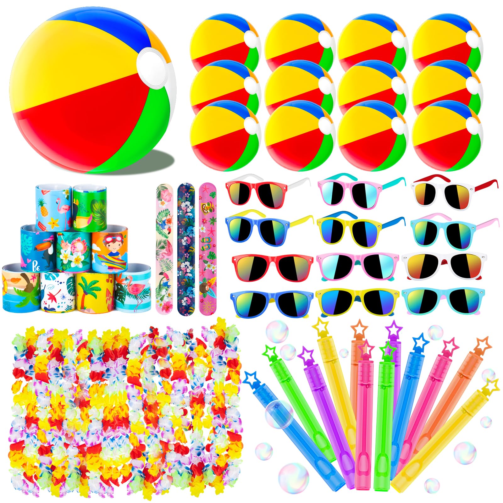 Hogesa Summer Pool Beach Party Favors,60PCS Kids Toys for Birthday Party Supplies,Pool Beach Toys for Kids,Hawaiian Leis for Luau Party Decorations,Beach Ball,Kids Sunglasses,Bubble Wands