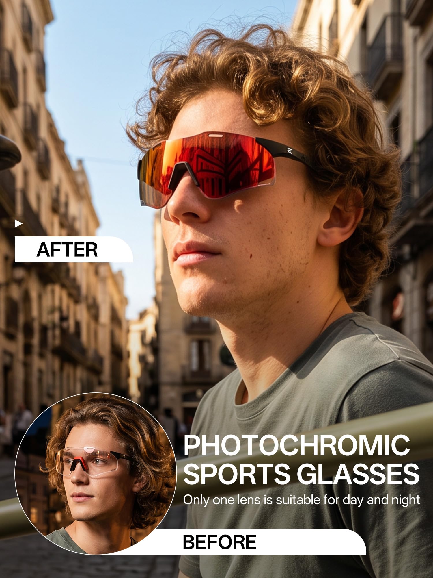 KAPVOE K454I Gafas Deportivas de Ciclismo Fotocromáticas Patillas Carbono | Para hombre y mujer, con patillas ligeras de fibra de carbono, ideales para ciclismo, running, MTB, béisbol y pickleball