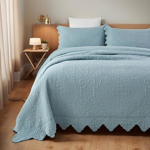 Miniatura 1 de Brandream Juego de ropa de cama de lujo, tamaño Queen, juego de edredón de algodón de matelasse, juego de edredón vintage azul antiguo para