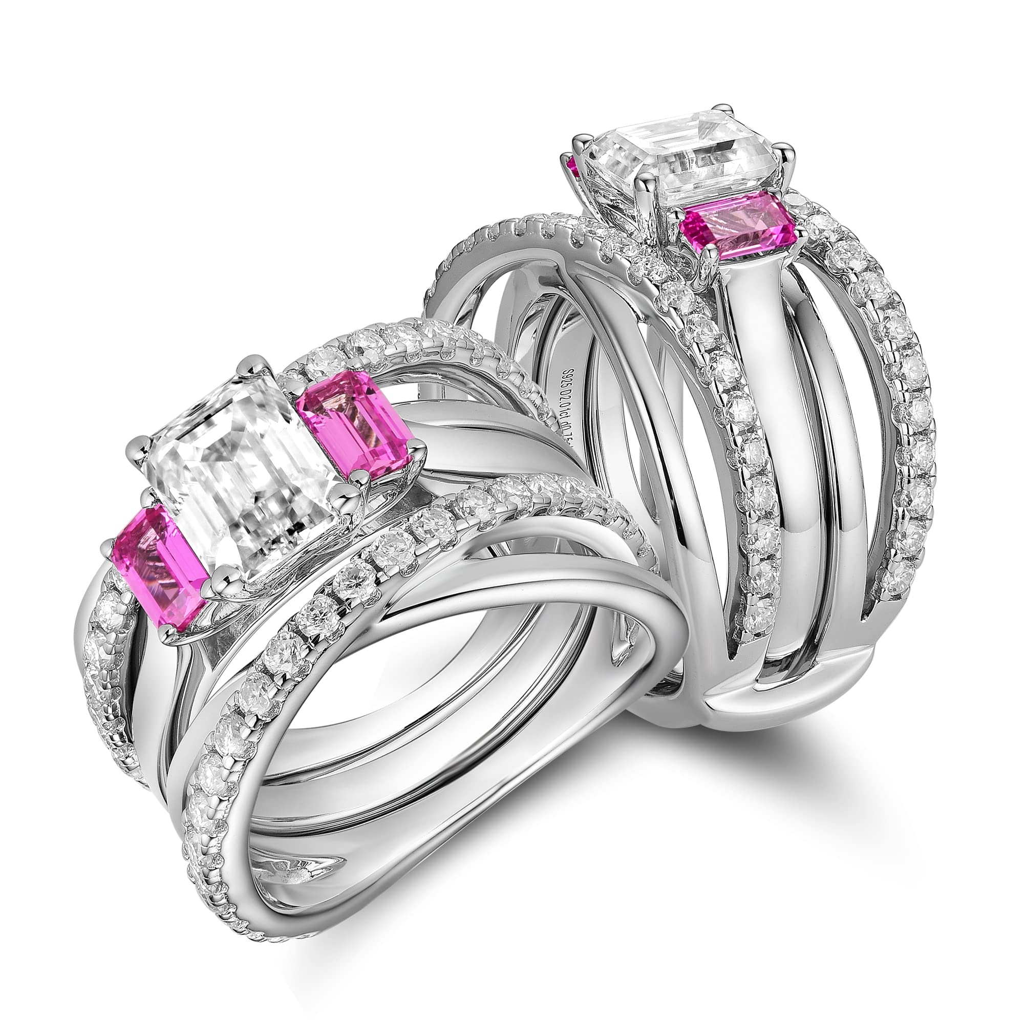 DovEggs Emerald Cut Moissanite Engagement Rings for Women 3.2ct Total 6x8mm GHI Moissanite Wedding Ring Set with Pink/Yellow/Blue Sapphire Accents Enhancer Guard Band 14k Gold QUALITY Sterling Silver