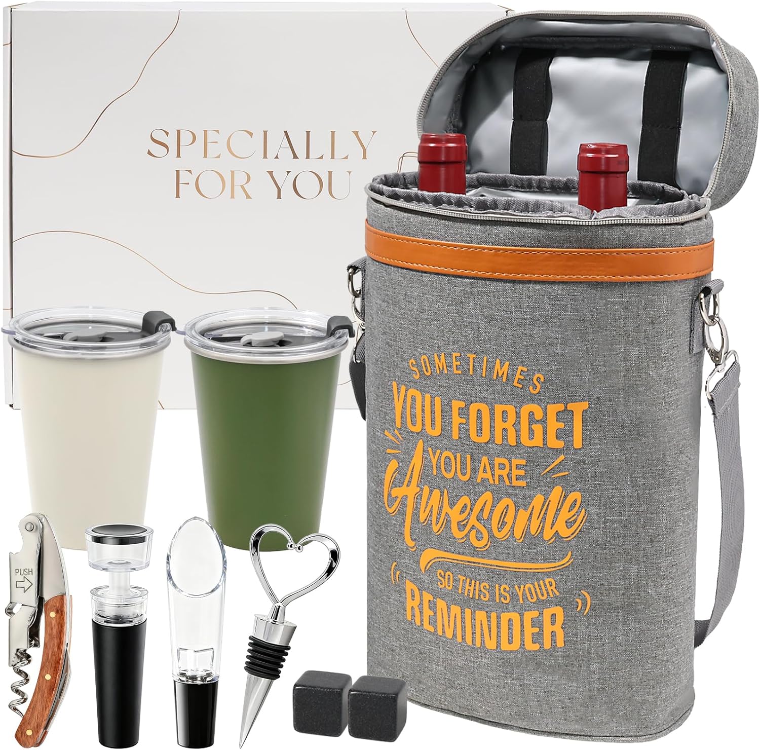 Wine Cooler Bag Gift Set with 2 Tumblers, Insulated Portable Wine Carrier Holds 2 Bottles, Perfect for Outdoor Use, Ideal Easter Birthday Anniversary Gift for Women & Men Wine Lovers