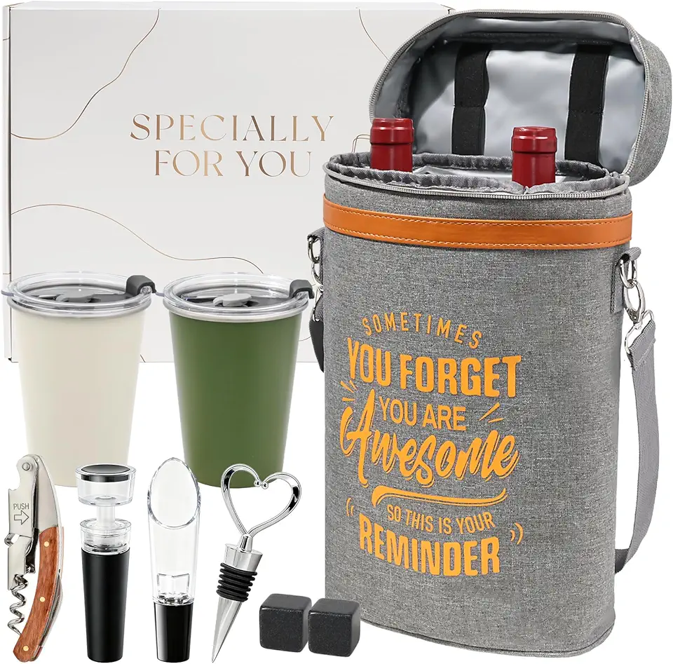 2 Bottle Wine Tote Bag Gift Set with Wine Tumblers, Insulated Cooler Carrier for Travel Picnic Camping, Gifts for Women Mom Sister Wine Lovers Housewarming Birthday Christmas