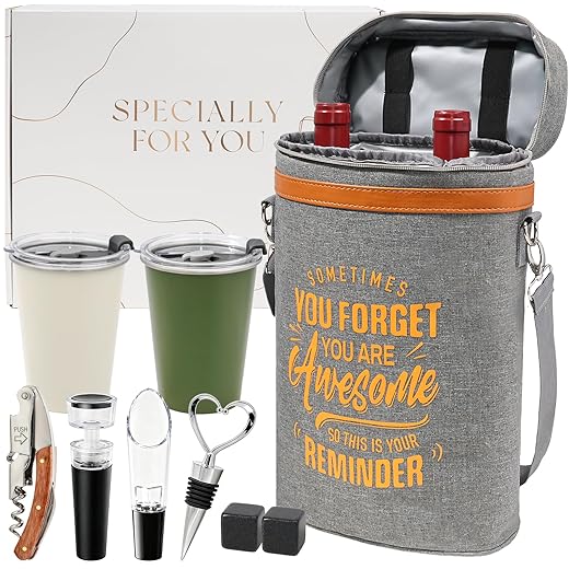 2 Bottle Wine Tote Bag Gift Set with Wine Tumblers, Insulated Cooler Carrier for Travel Picnic Camping, Gifts for Women Mom Sister Wine Lovers Housewarming Birthday Christmas