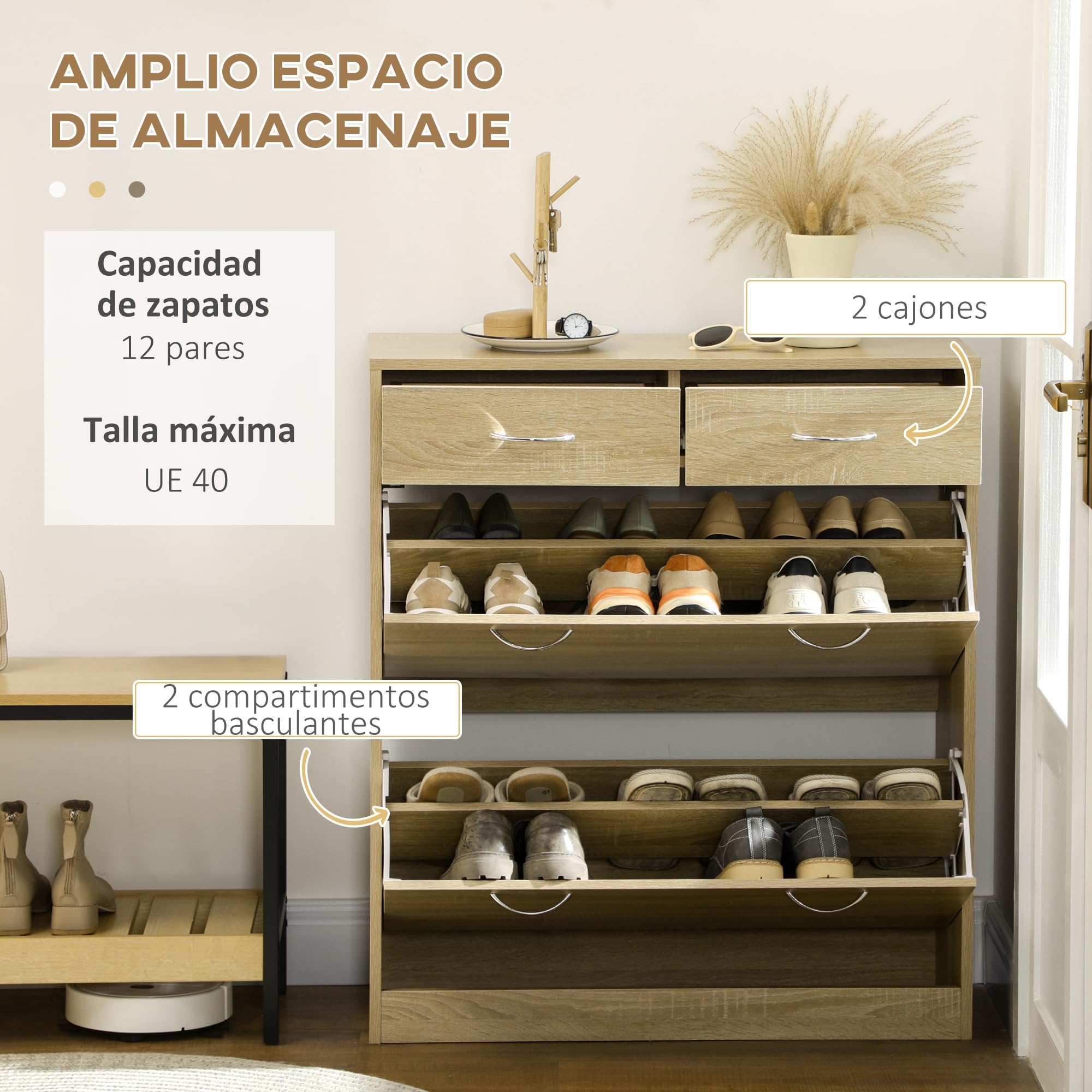 HOMCOM Armario de Zapatos Zapatero de Madera para 12 Pares de Zapatos con 2 Puertas Abatibles y 2 Cajones para Salón Pasillo 80x30x91,5 cm Roble