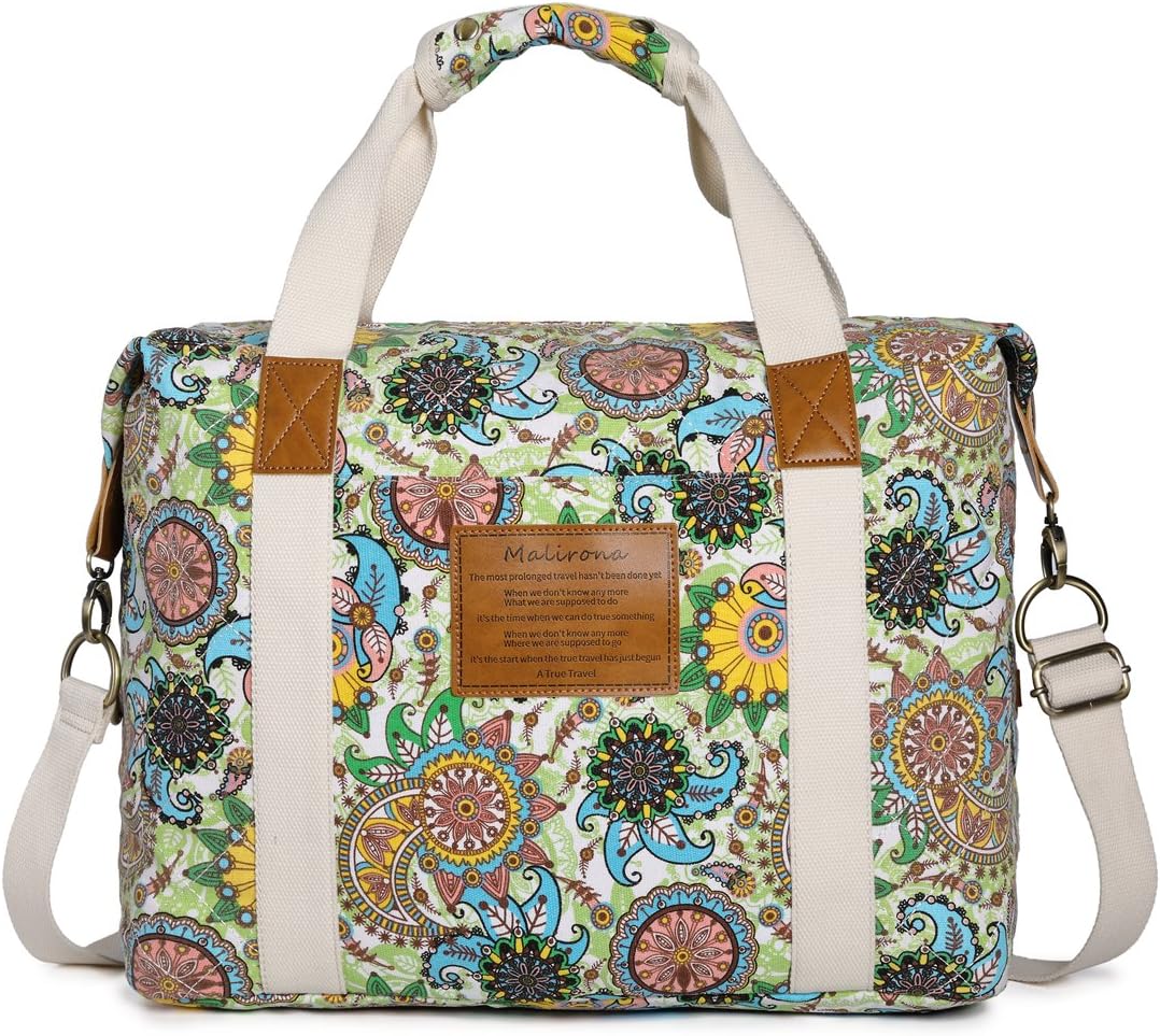 Malirona Ladies Women Canvas Travel Weekender Overnight Carry-on Shoulder Duffel Tote Bag Bohemian Flower (Green Flower)