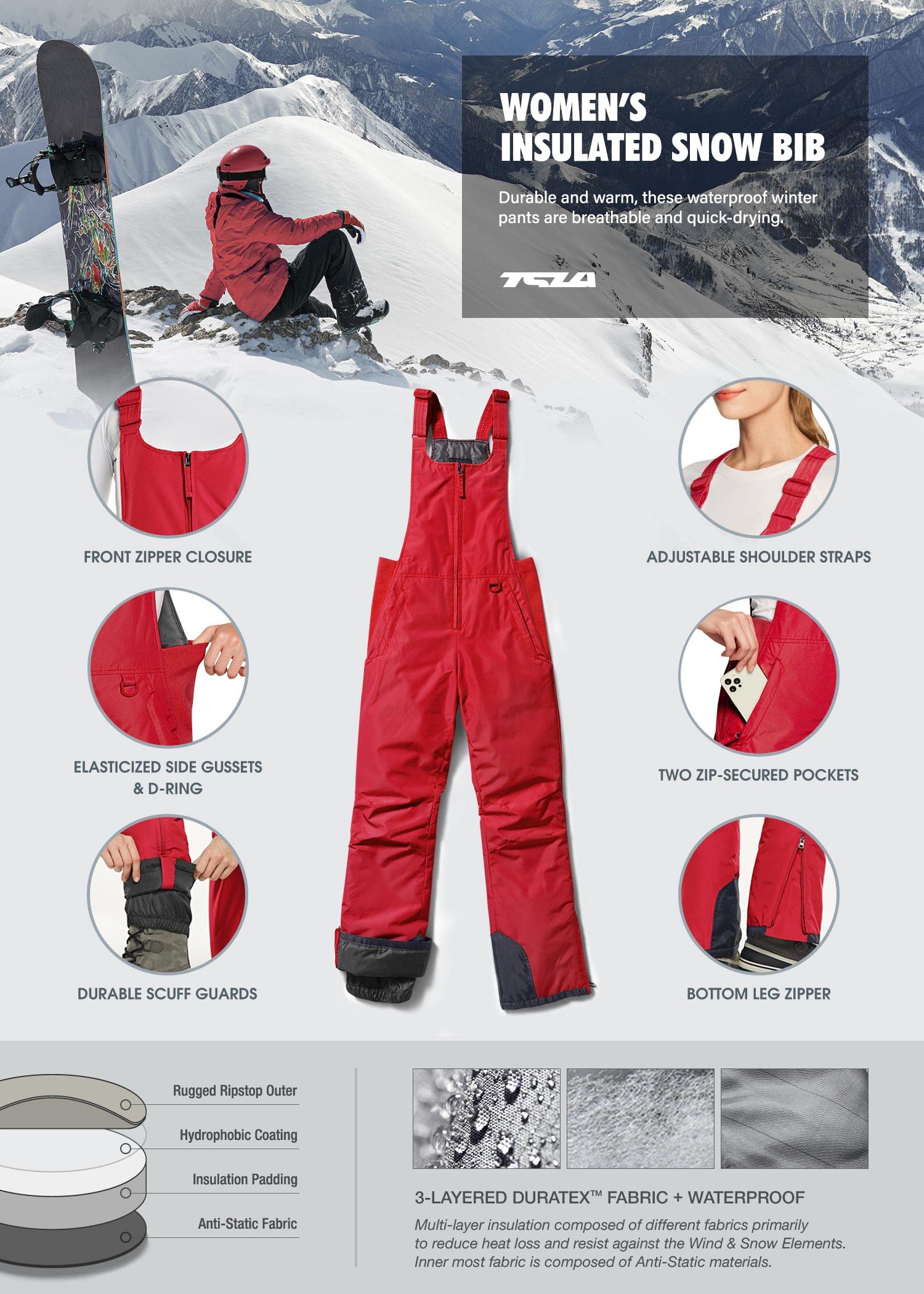 TSLA Overol de Invierno para Mujer, Impermeable, Aislante, para esquí o Snowboard