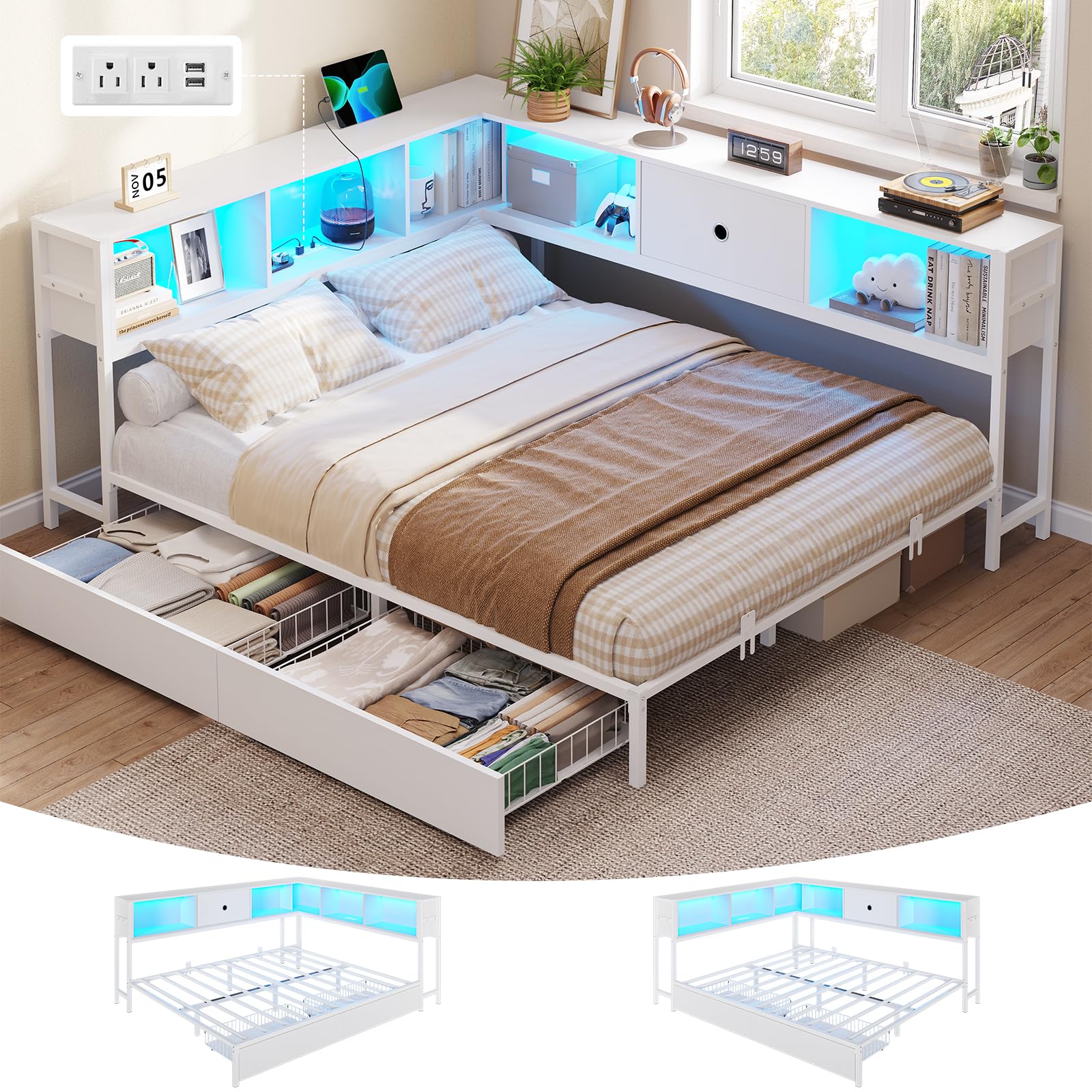 DICTAC Queen Corner Bed Frame with Storage Drawers and Bookcase Headboard