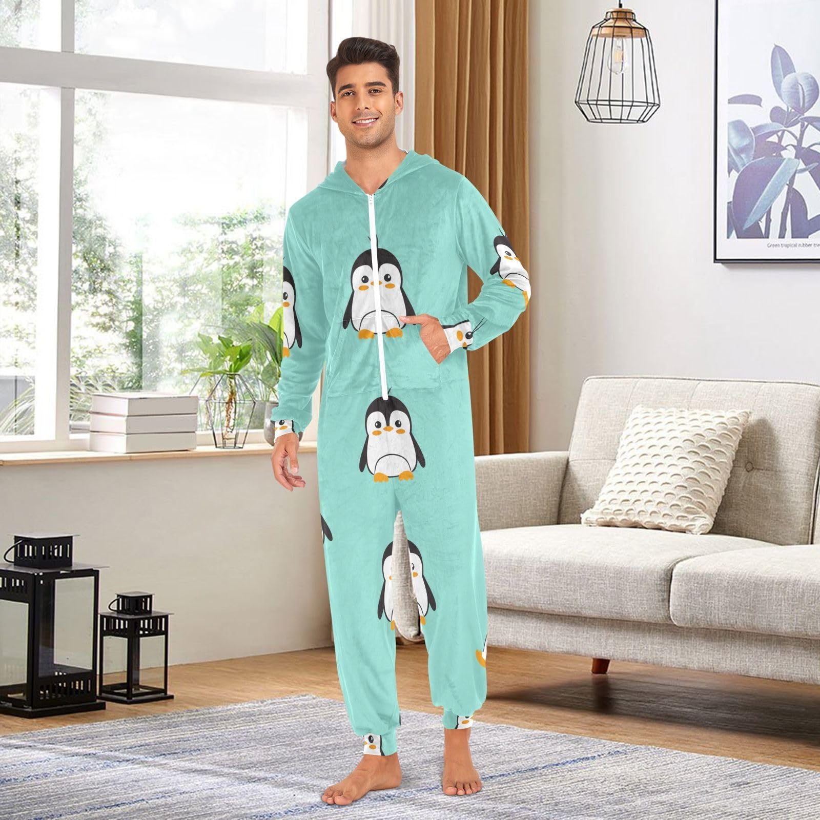 Pigiama intero natalizio con pinguino carino verde adulto tuta con cappuccio cerniera tuta in pile loungewear per donne uomini