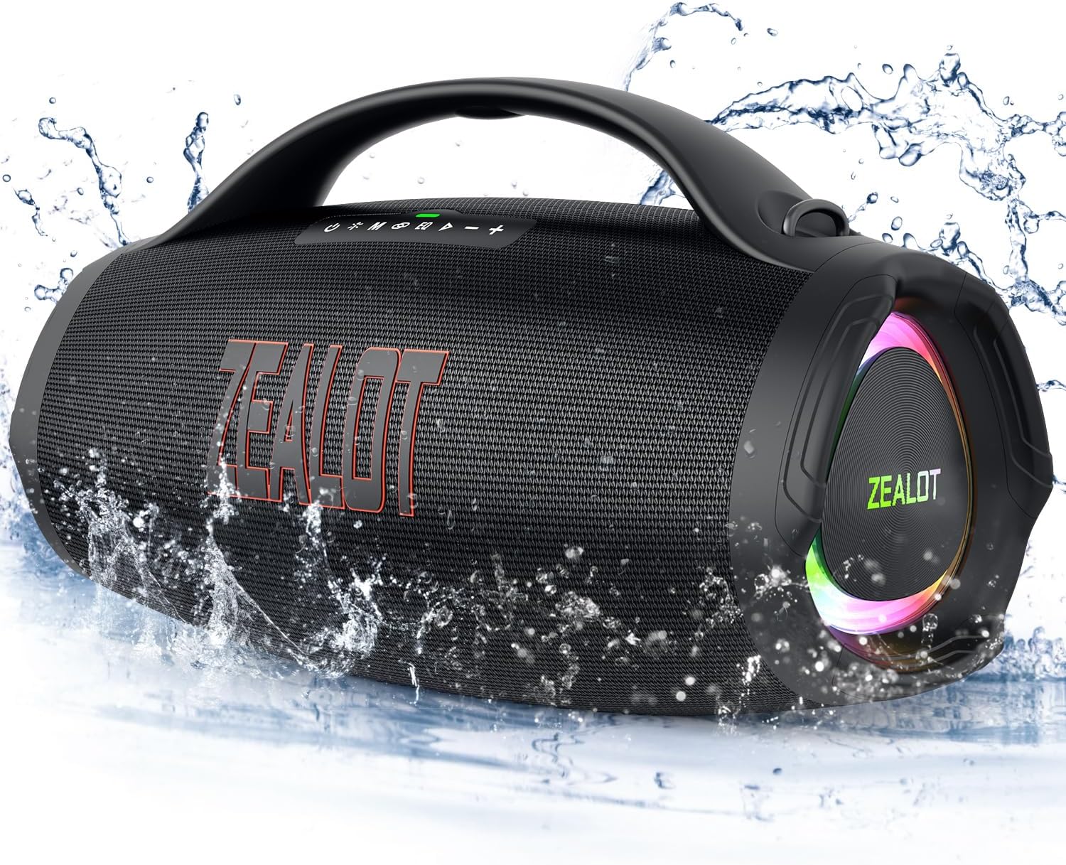 Front view of the ZEALOT S98 Portable Bluetooth Speaker with water splashes