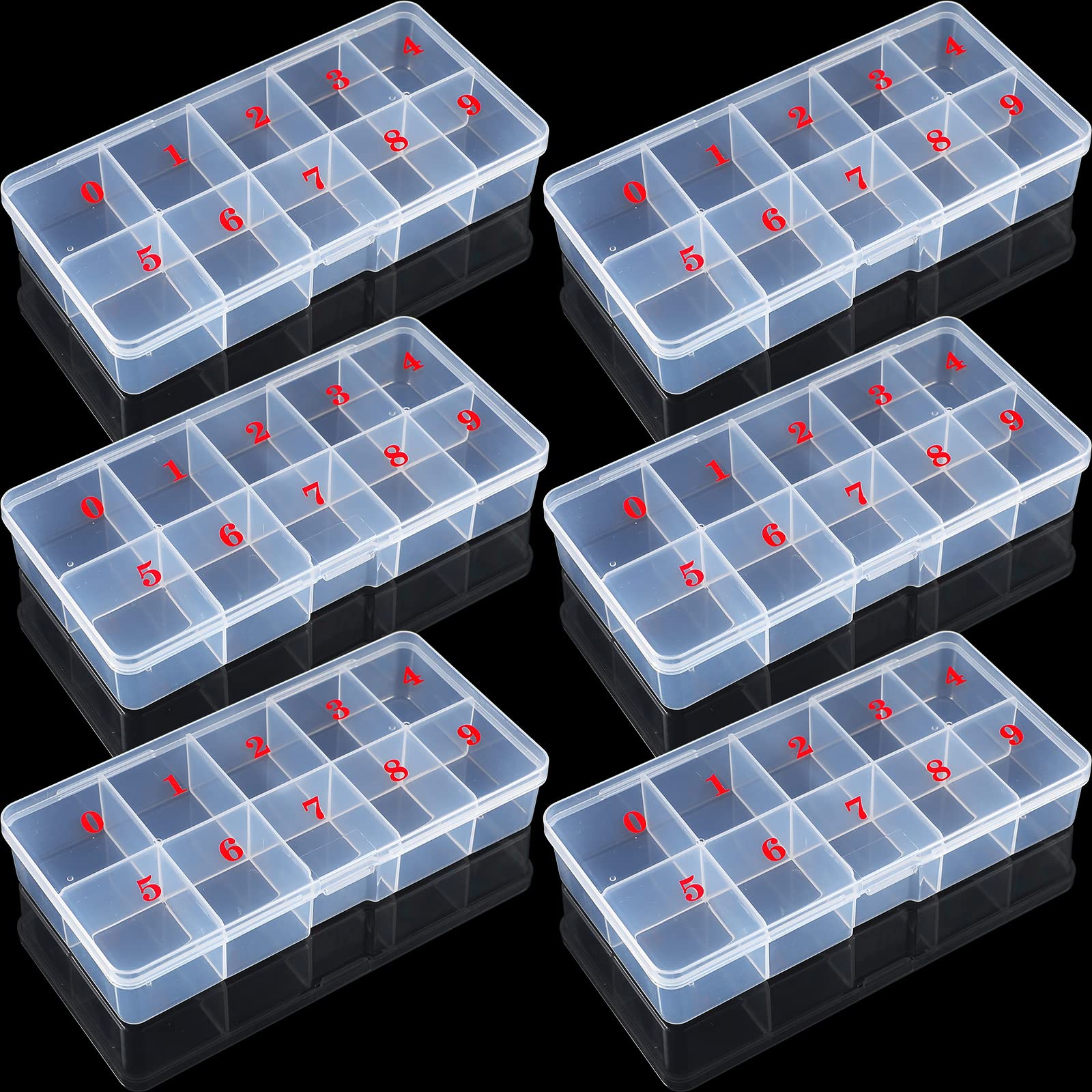 Yulejo 6 Pcs Nail Tip Storage Box, 10 Numbered Compartments Clear Plastic