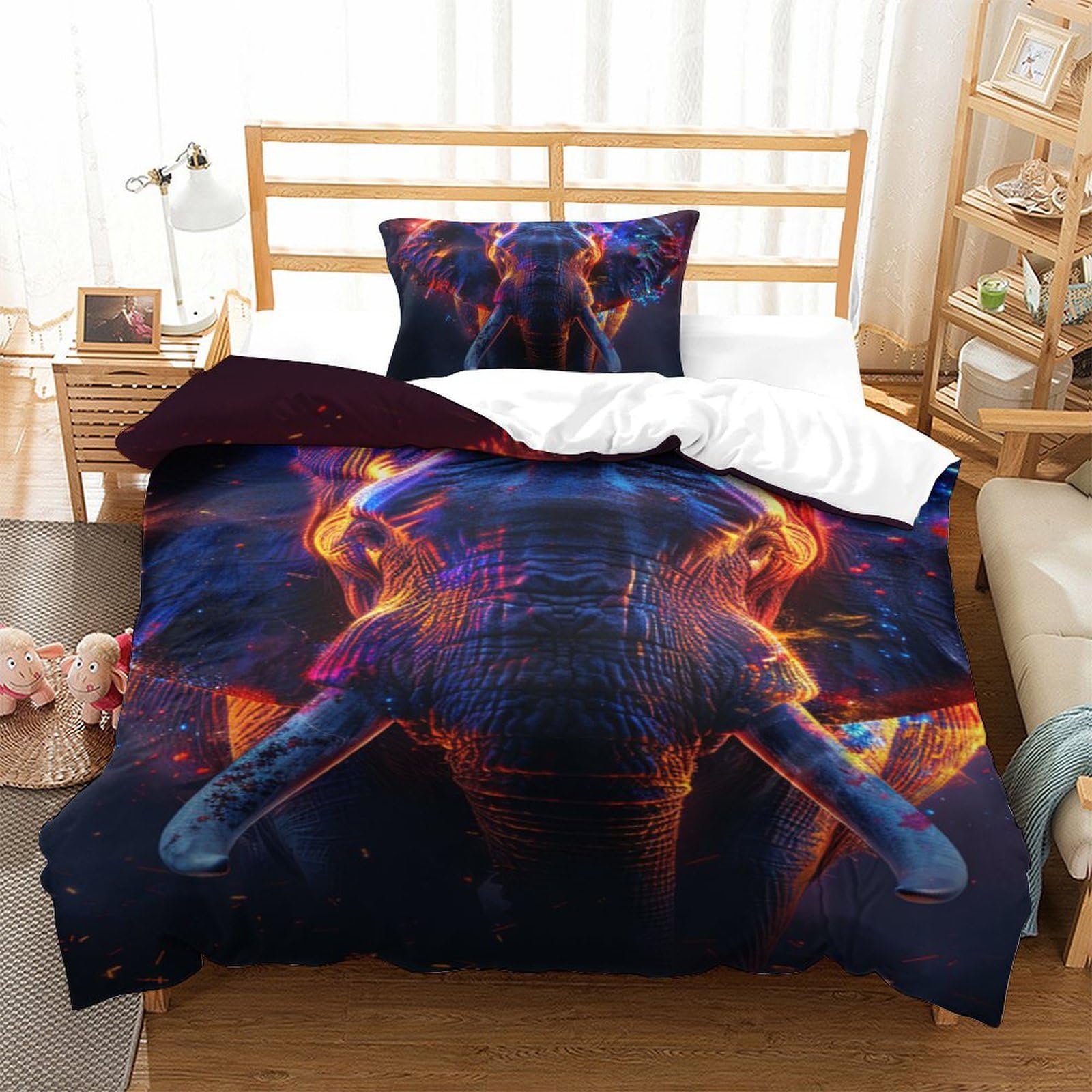 Parure de lit housse de couette 3 pièces motif éléphant 135x200 microfibre avec taie d'oreiller
