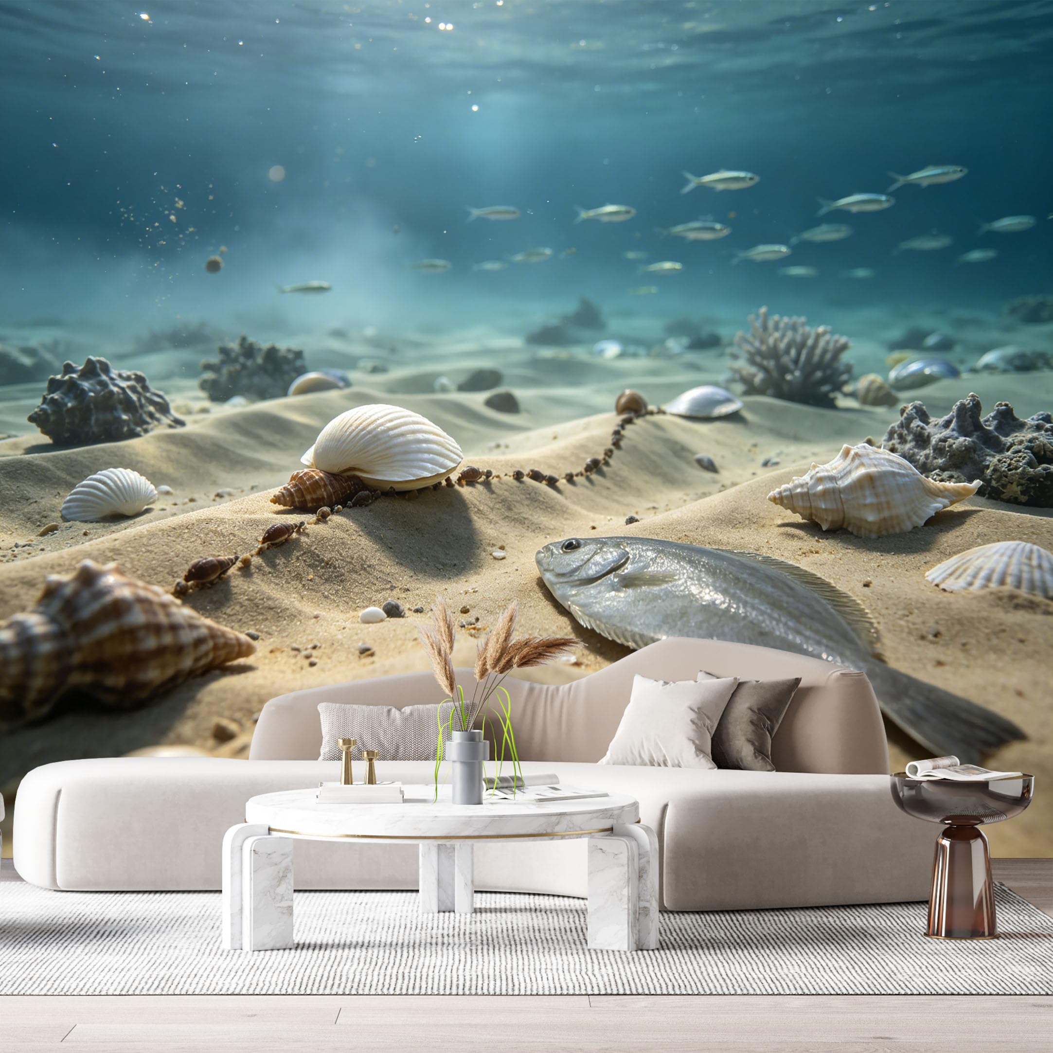 Custom Size Wall Murals Coastal Ocean Marine 3D Trompe L'Oeil Sandy Seabed Seashells Fish SelfAdhesiveWall Fabric Removable Wallpaper Wall Decor for Living Room Bedroom Bathroom