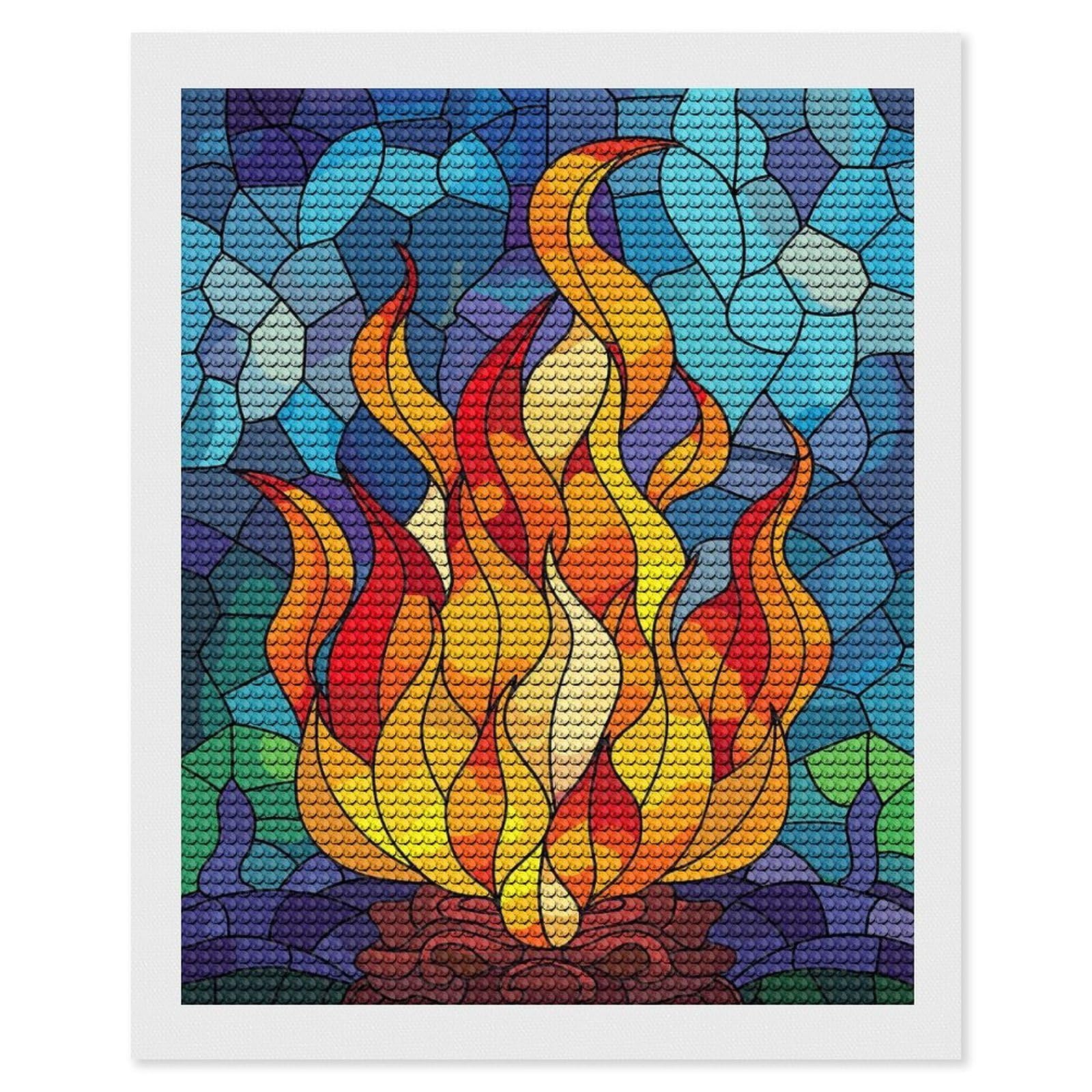 Junmoney Stained Glass Fire Diamond Painting Kit 16"x20", Easy Handmade Project, Easy to Enjoy, Aesthetic Room Decor, Christmas Gift