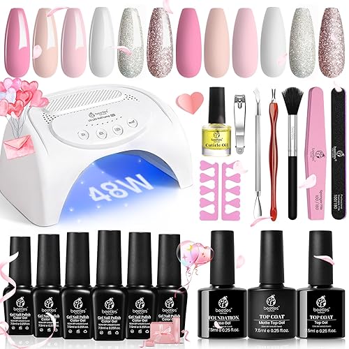 Beetles - Kit de iniciación de esmalte de uñas de gel con purpurina blanca estilo francés con lámpara LED luz UV de 48 W, gel base y capa superior