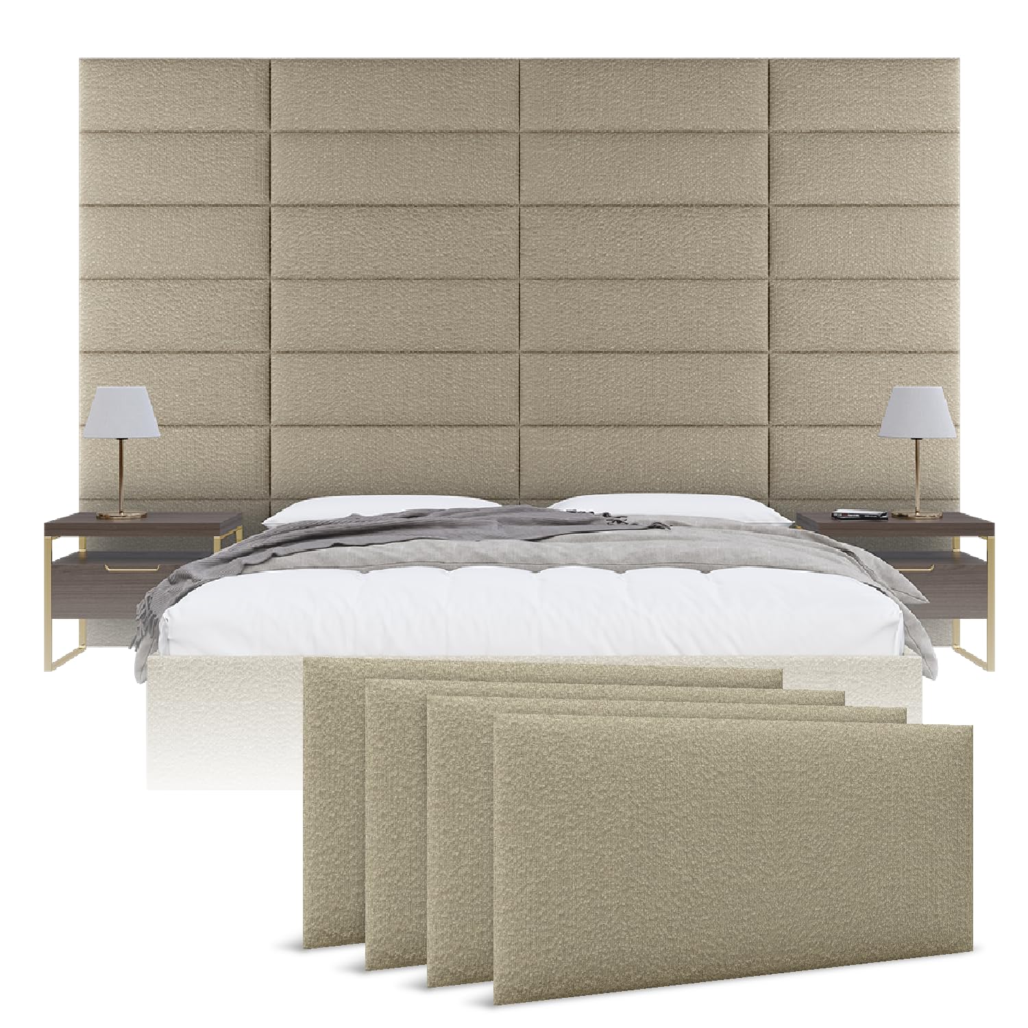 Vänt Upholstered Wall Panels - King/Cal King Size Wall Mounted Headboards - Boucle Beige - Twin/King - Set of 4 Panels (Each Individual Panel 39"x11.5")