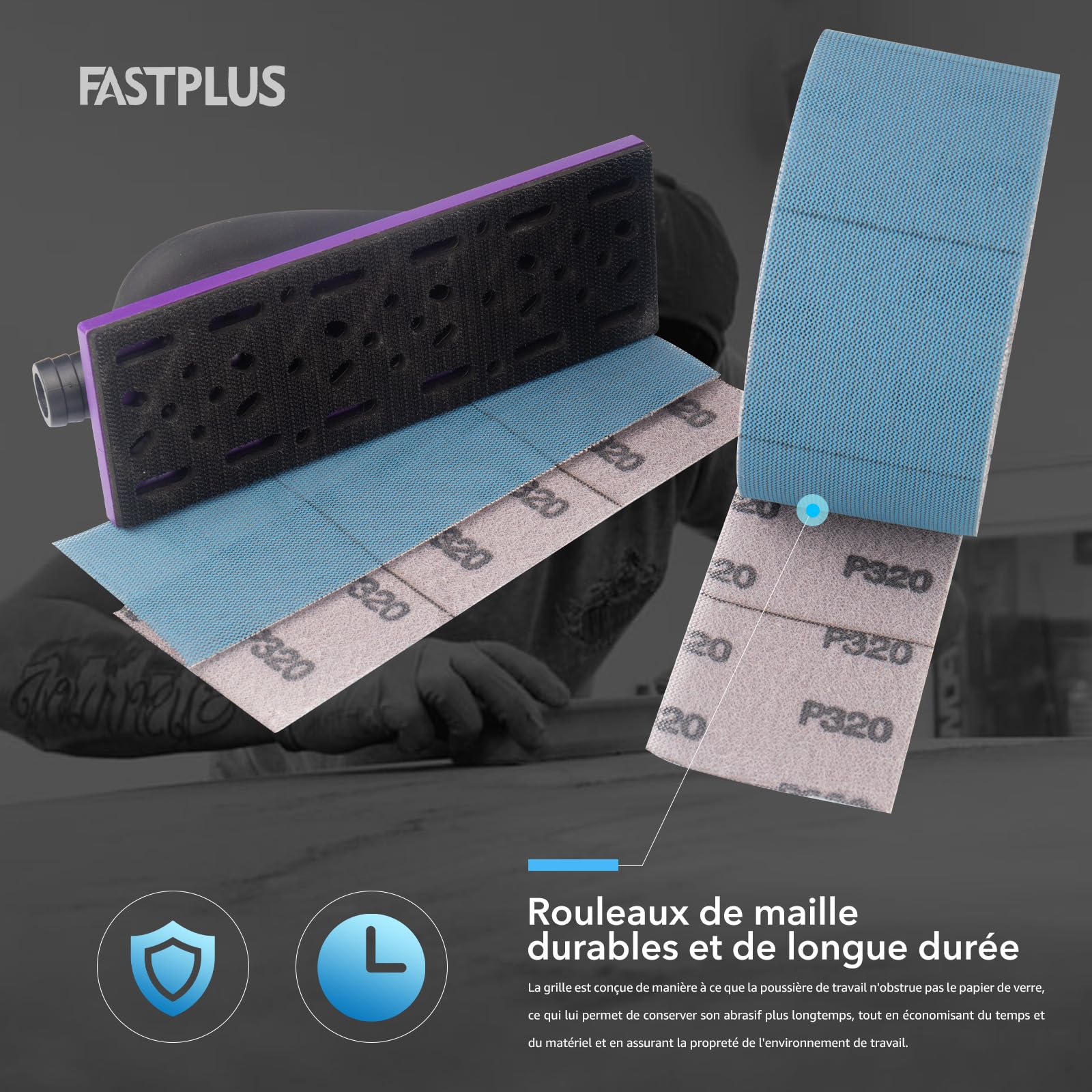 Rouleau de papier de verre FASTPLUS 70 mm x 12 m Rouleau de film Mesh Grip P240 Rouleau de papier de verre autocollant en céramique