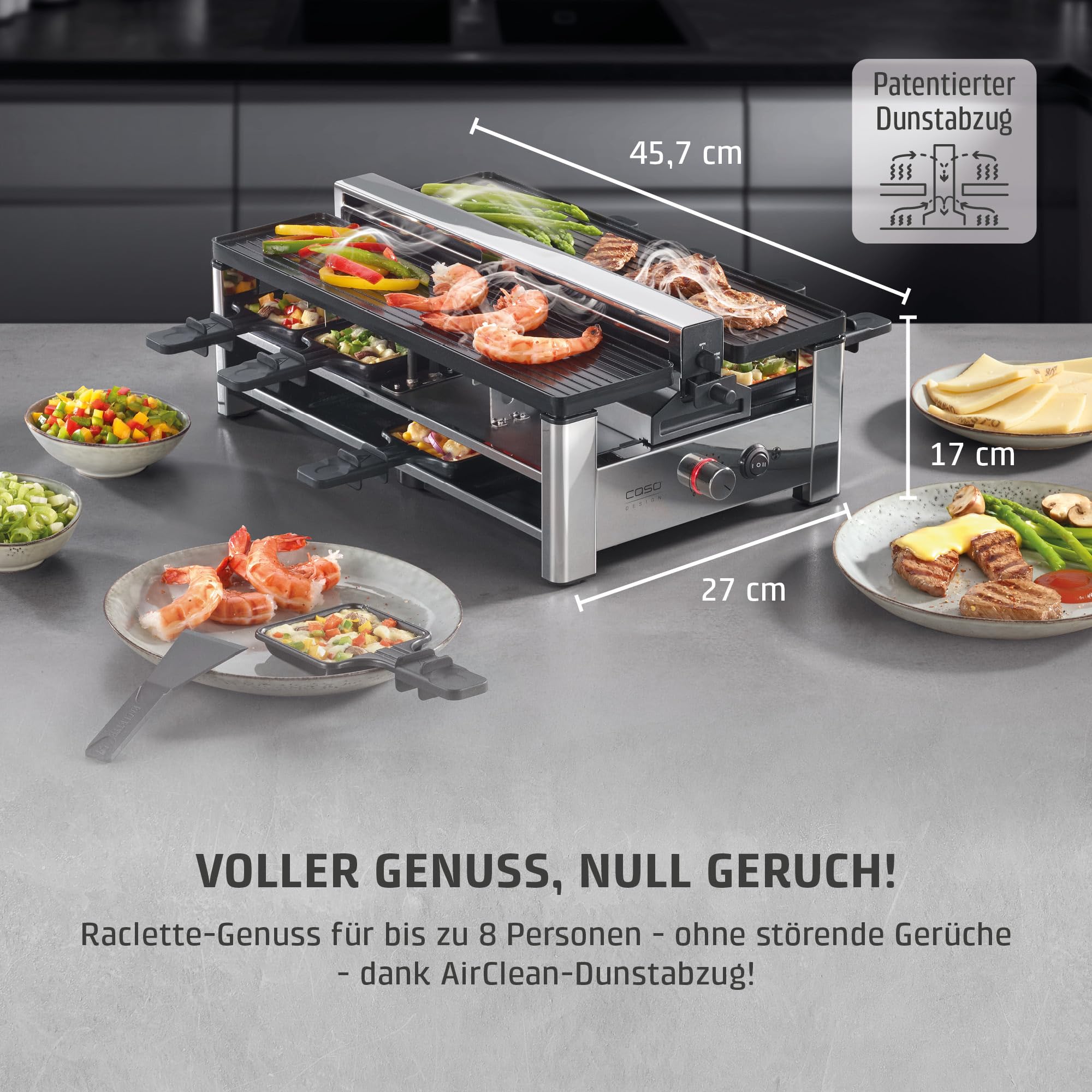 CASO Raclette AirClean - Raclettegrill mit integriertem Dunstabzug, für 8 Personen, schnelles Aufheizen, Antihaft Keramik-Beschichtung (PFAS-frei), 1500 Watt, austauschbarer Geruchs- und Kohlefilter