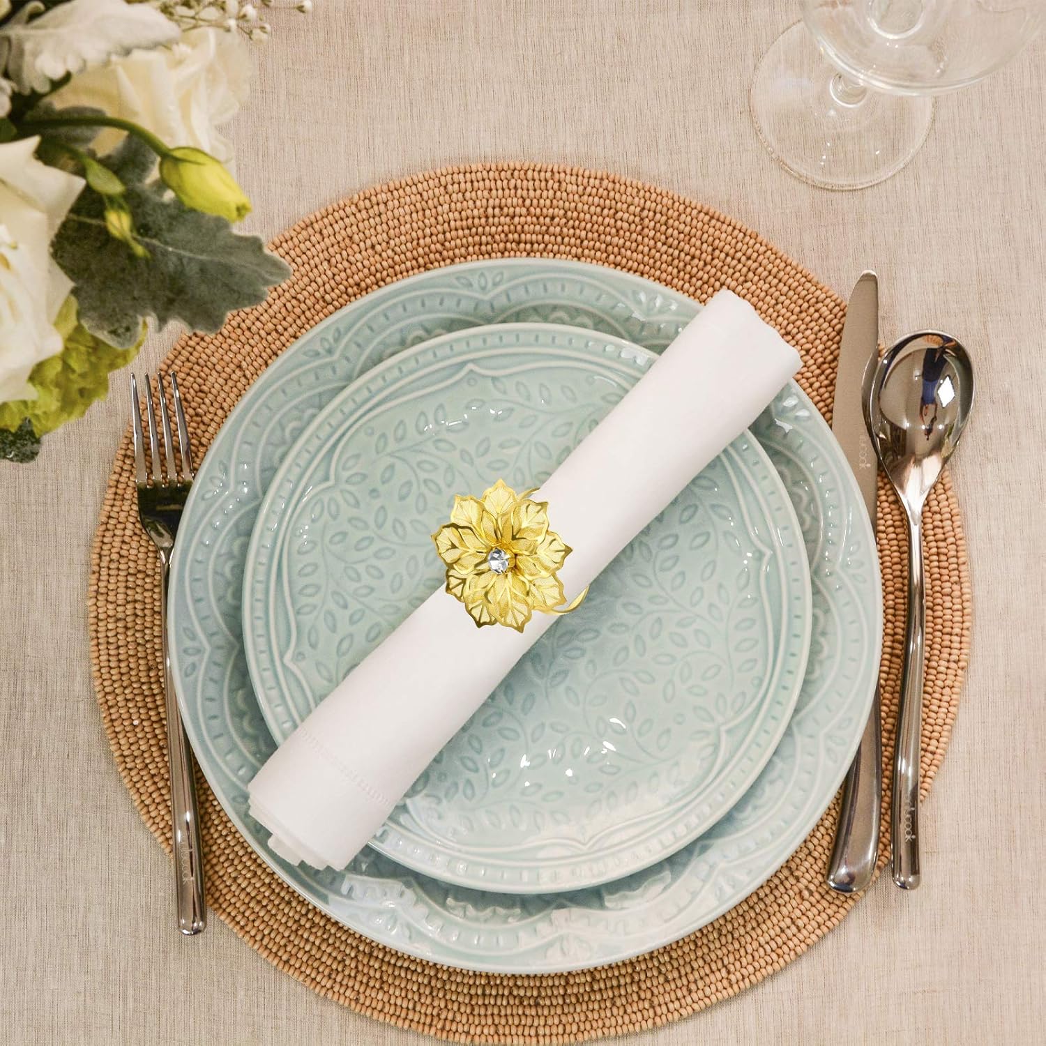 Crеаtіvе Prоduсt LASZOLA Set of 12 Alloy Flower Napkin Rings Hollow Out Floral Napkin Holder with Rhinestone, Exquisite Household Napkins Rings Set for Easter Christmas Thanksgiving Dinner Wedding Decor (Gold)