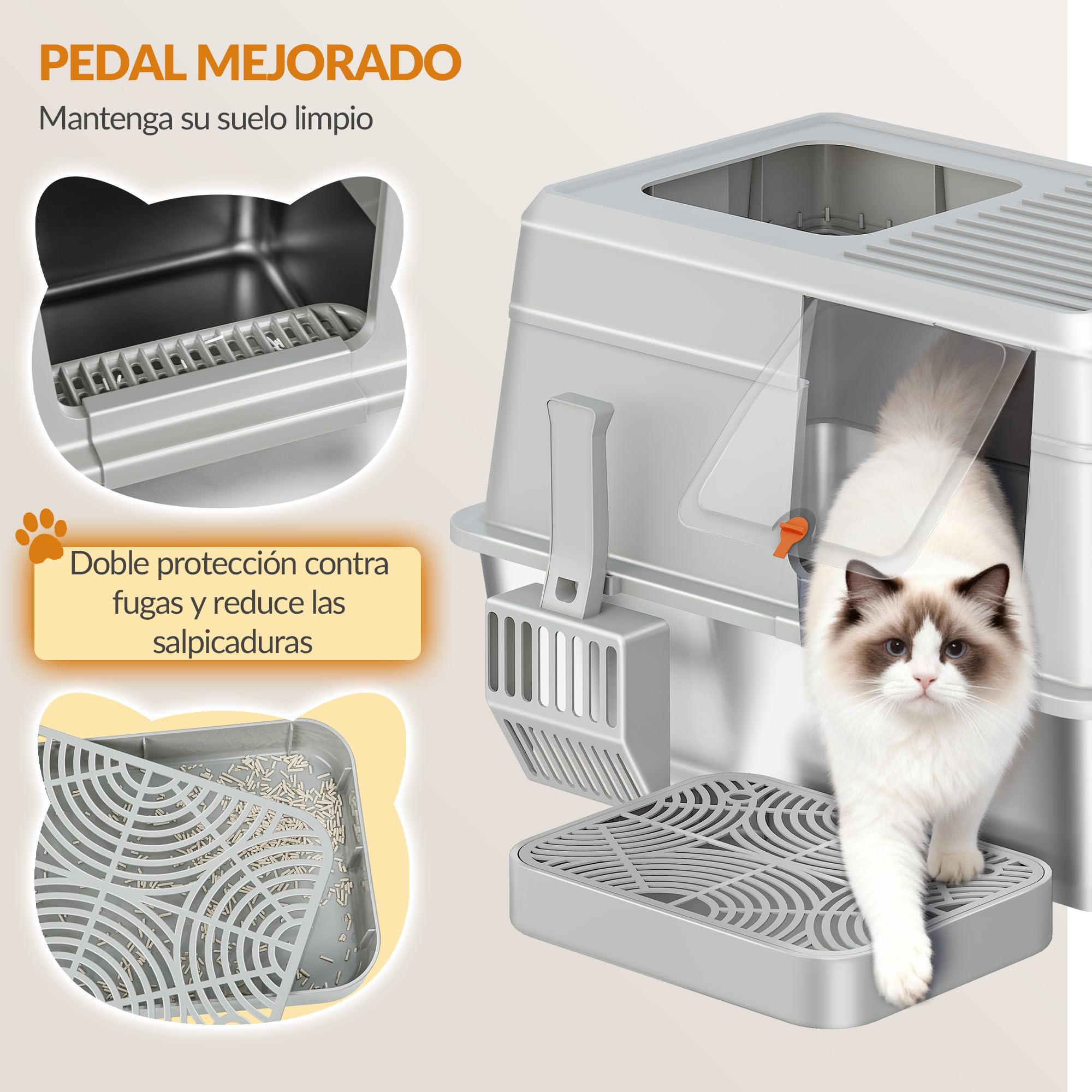 Arenero Acero Inoxidable Gatos XXL, 60 x 40 x 38 cm, Gris Claro | Caja Sanitaria Cerrada con Tapa, con Escalón y Pala, Fácil de Limpiar, Doble Entrada, Diseño Desmontable FPLB204SG1