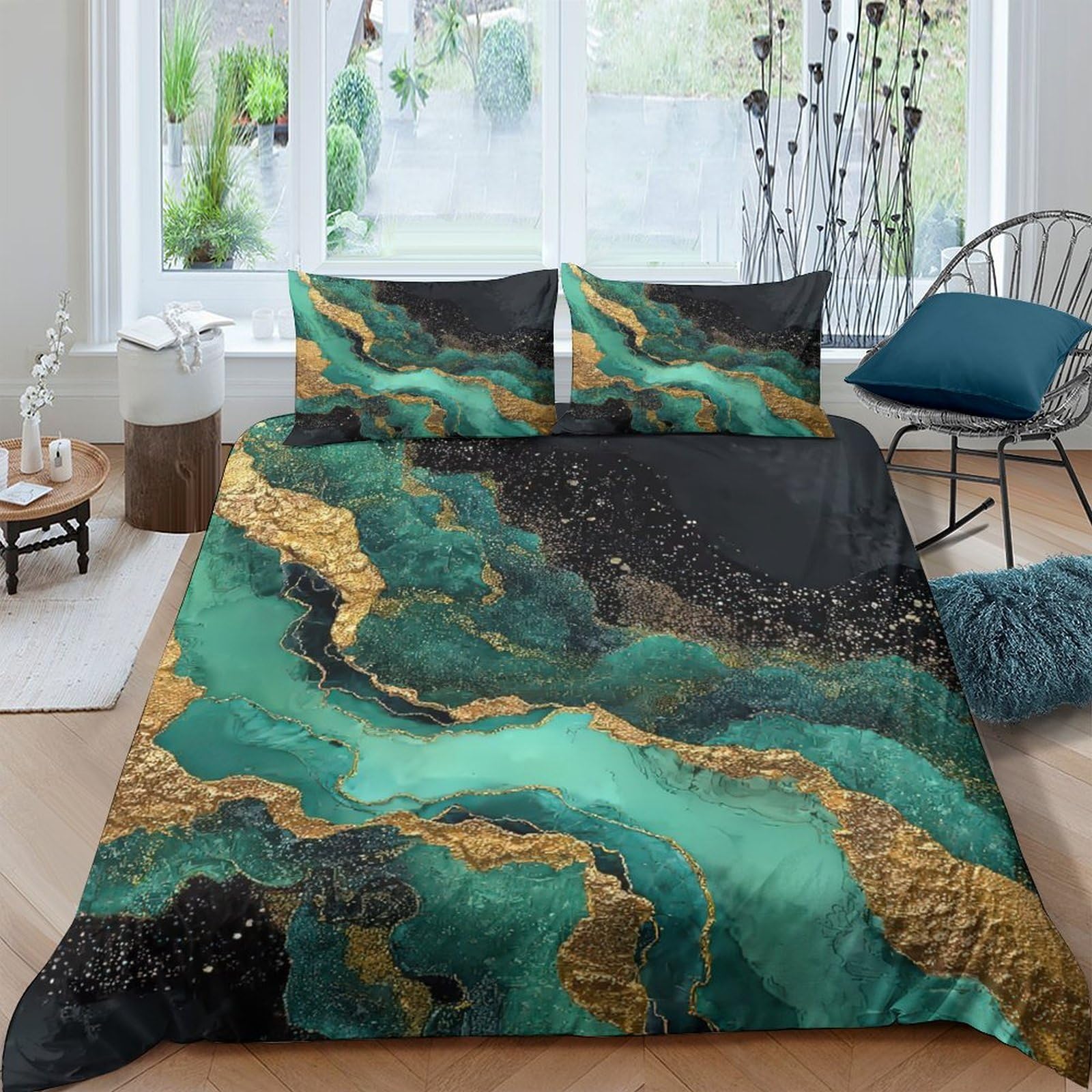 Ctjqhvkz Style-6 3D Printed Emerald Marble Fitted Sheet Microfiber Black Gold Vein Bed Cover Anti-Slip Washable For Bedroom Decor Single（135X200cm）