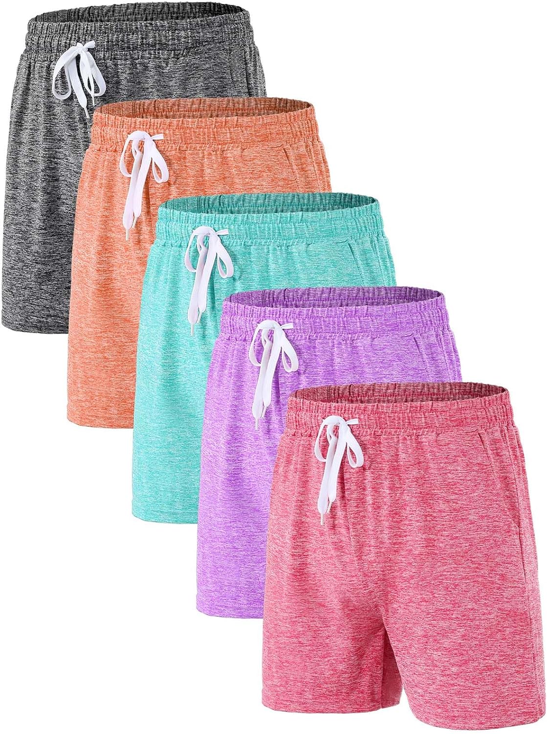 Athletic Shorts for Girls 5 Pack, Moisture-Wicking Girls Shorts with Pockets for Basketball, Soccer, Running, Gym