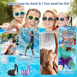 Swimming Ear Plugs Waterproof Earplugs - 2 Pairs Silicone Swim Ear Plugs for Adult Kids, Water Sports Earplugs for Showering, Bathing, Surfing - Keep Ear Water Out