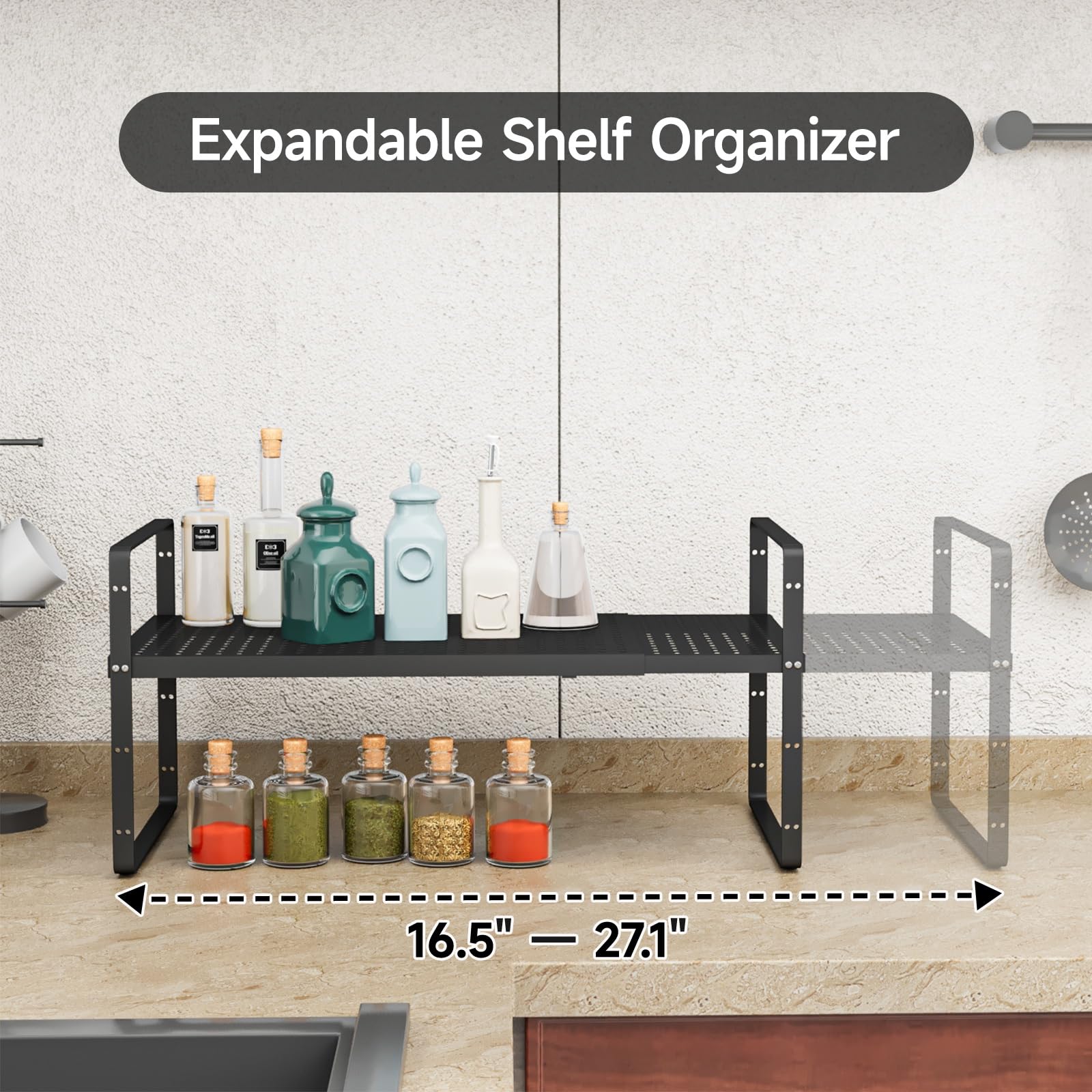 Organizador apilable de gabinete de cocina, estante de metal ajustable para armarios de almacenamiento de cocina, estante de especias expandible, organizador de encimera para despensa y armario,