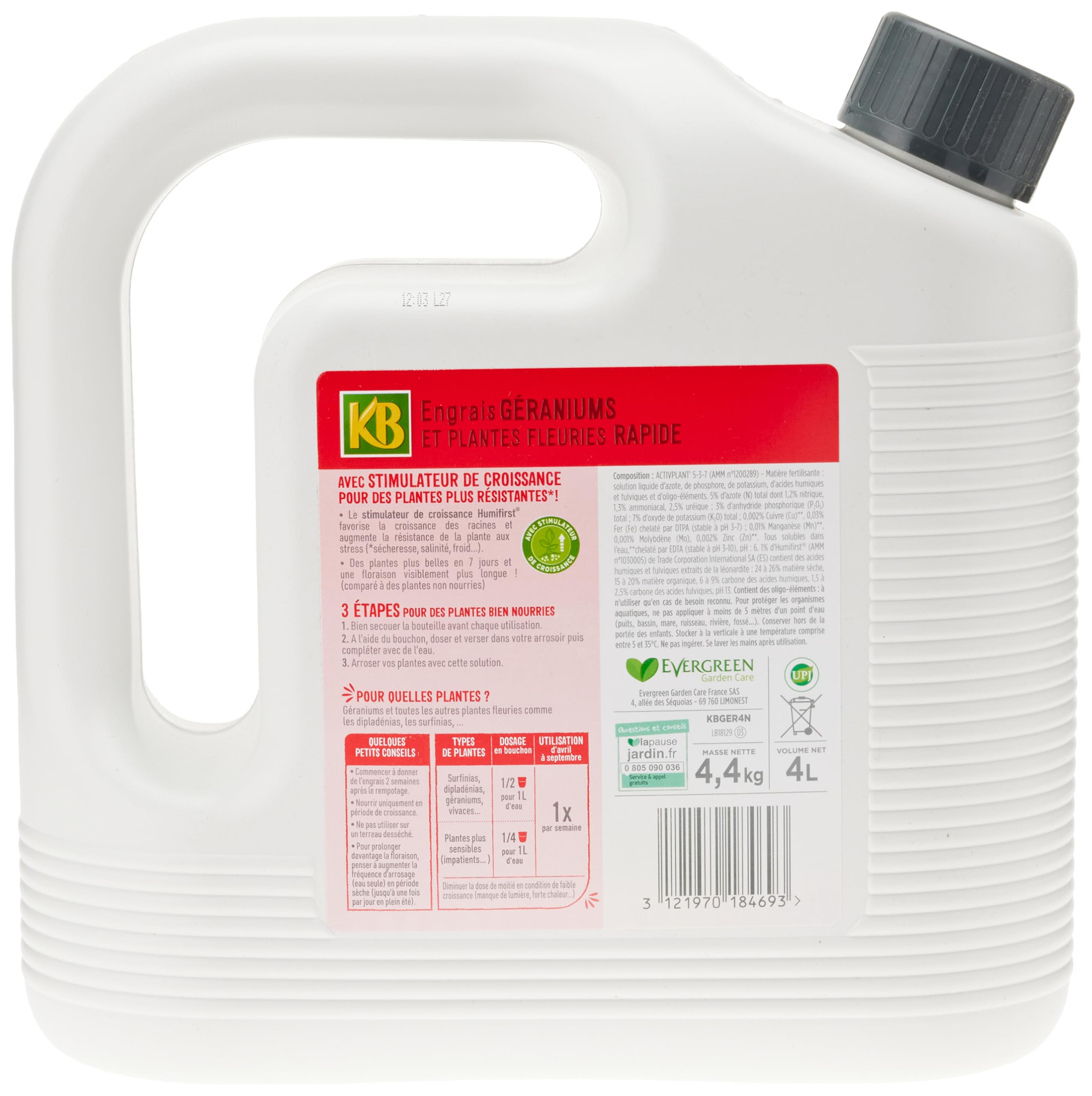 KB KBGER4N - Engrais Liquide Rapide Plantes Fleuries Géraniums, Vivaces 4 L - Plantes plus belles en 7 jours - Avec stimulateur de croissance - Jusqu'à 568 L de solution diluée - Fabriqué en France