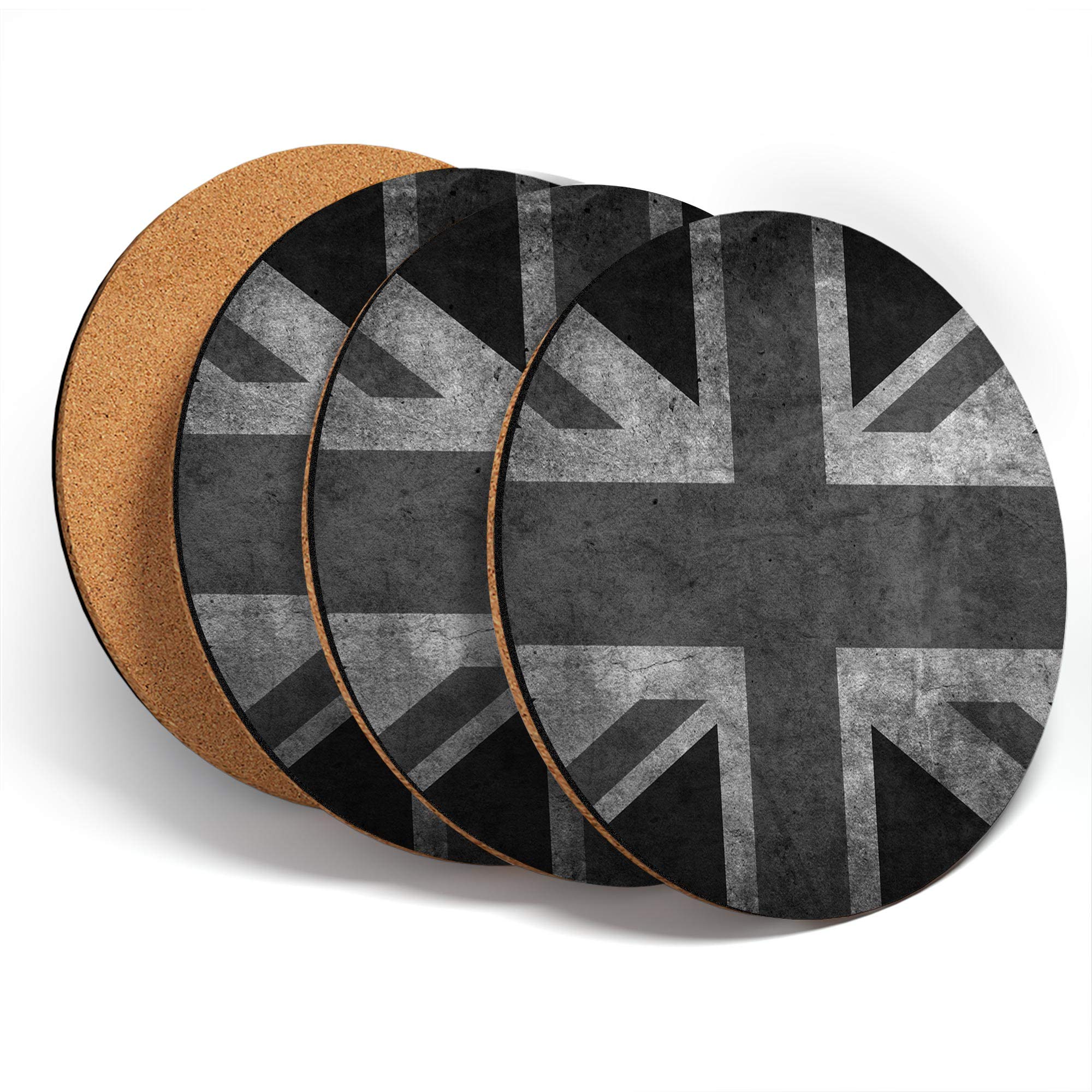 Destination Vinyl Ltd Great Coasters (Set of 4) Round - BW - Vintage Union Jack Flag Distressed Drink Glossy Coasters/Tabletop Protection for Any Table Type #41563