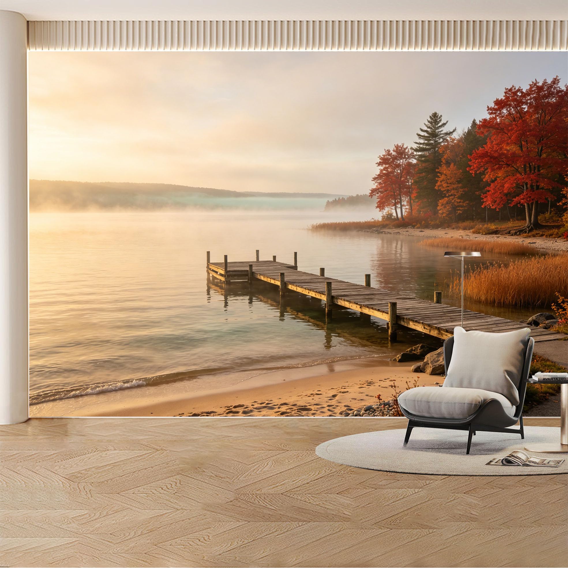 Custom Wall Mural Wallpaper Lake Dock Forest Nature Landscape 3D Effect Wall Decor Misty Sunset Removable SelfAdhesive Large Photo for Living Room， Bedroom， Office