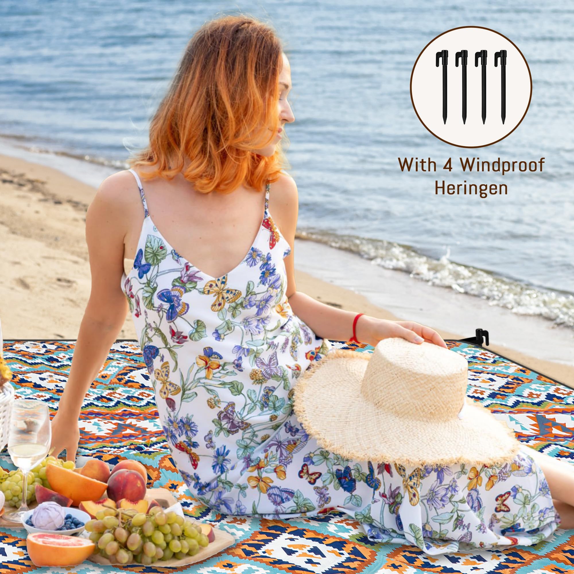 Gucass Manta de Picnic Impermeable 200 x 300cm, Boho Esterilla Playa Plegable Sin Arena Lavable a Máquina, Manta de Camping Grande para Exteriores, Camping, Playa, Parque, Festival y Picnic