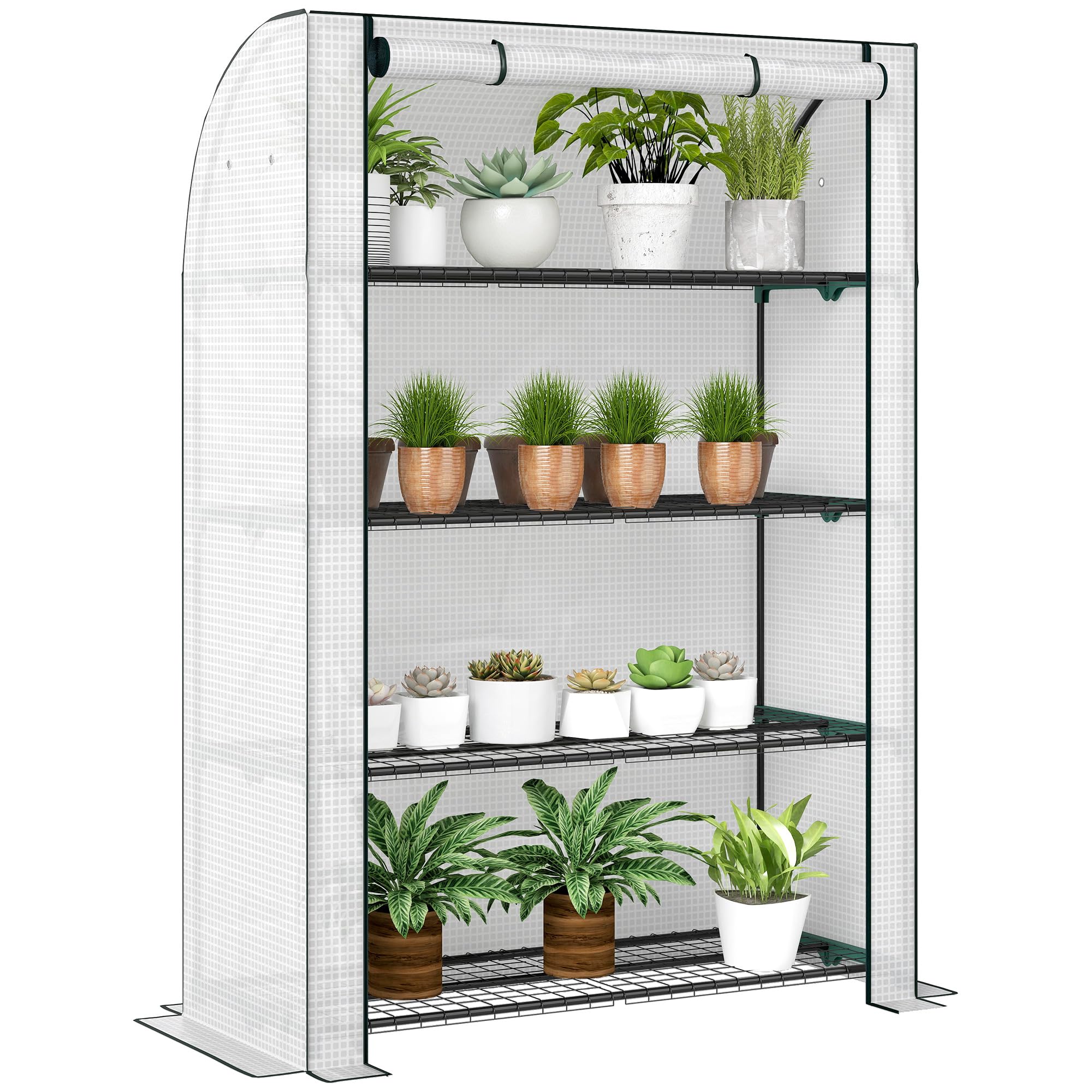Outsunny 4 Tier Mini Greenhouse with Reinforced PE Cover, Portable Indoor Outdoor Green House with Roll-up Door and Wire Shelves, 170 x 120 x 50 cm, White