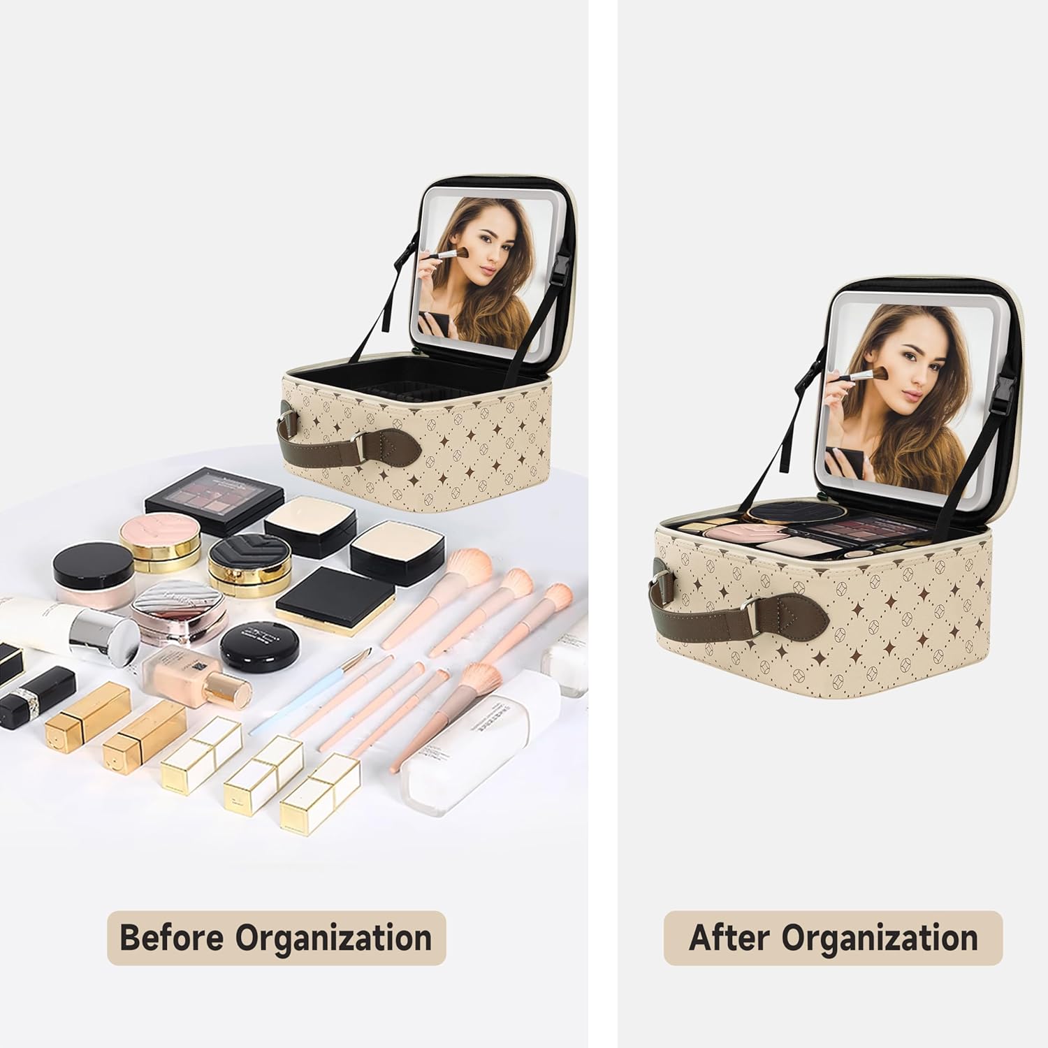 Travel Makeup Bag With 360° rotating LED Mirror,Waterproof cosmetic organizer,Portability Cosmetic case,Makeup organizer,Gift for Women,Girls Gift (Beige + Brown) - Image 6