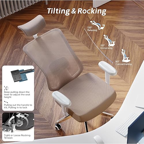 Miniatura 4 de Silla de oficina ergonómica, silla de escritorio de malla con reposacabezas ajustable y reposabrazos 2D, sillas de computadora con soporte lumbar,