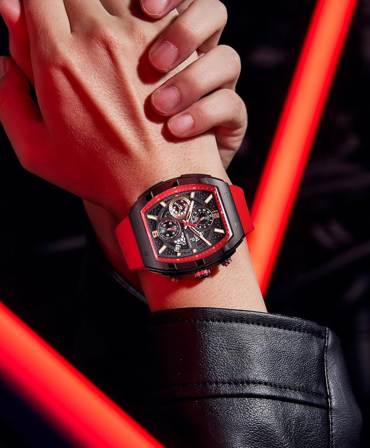 Mens Watches Luxury Tonneau Watch for Men Quartz Japanese Movement Waterproof Luminous Sport Red Dress Watch, Gifts for Men - Image 3