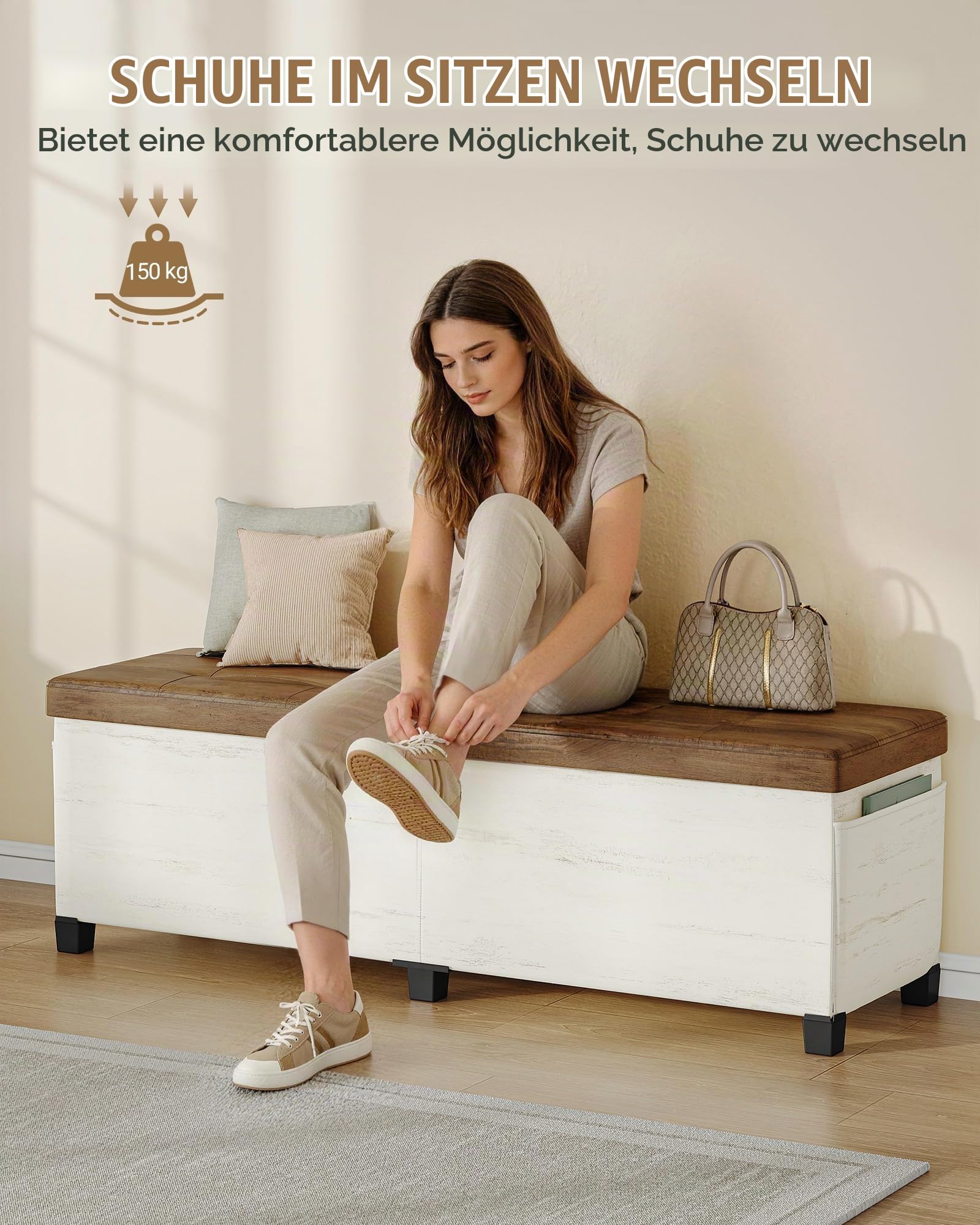 Hzuaneri Truhenbank mit Stauraum, Faltbar, Weiß Braun, 40x140x44cm | Aufbewahrungsschrank, Leinenbezug, Tragkraft 150 kg, Für Wohnzimmer, Schlafzimmer, Flur, SB31499YW