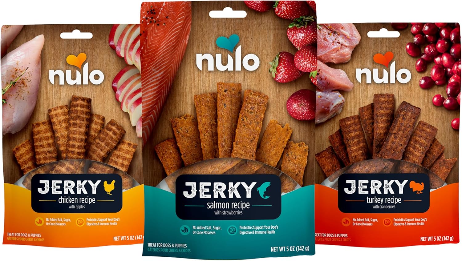 Nulo Puppy & Adult Freestyle Jerky Dog Strips Variety Pack: Natural Healthy Real Meat Grain Free Dog Treats for Training or Reward - 3 x 5 oz Bags (Chicken, Salmon, Turkey)
