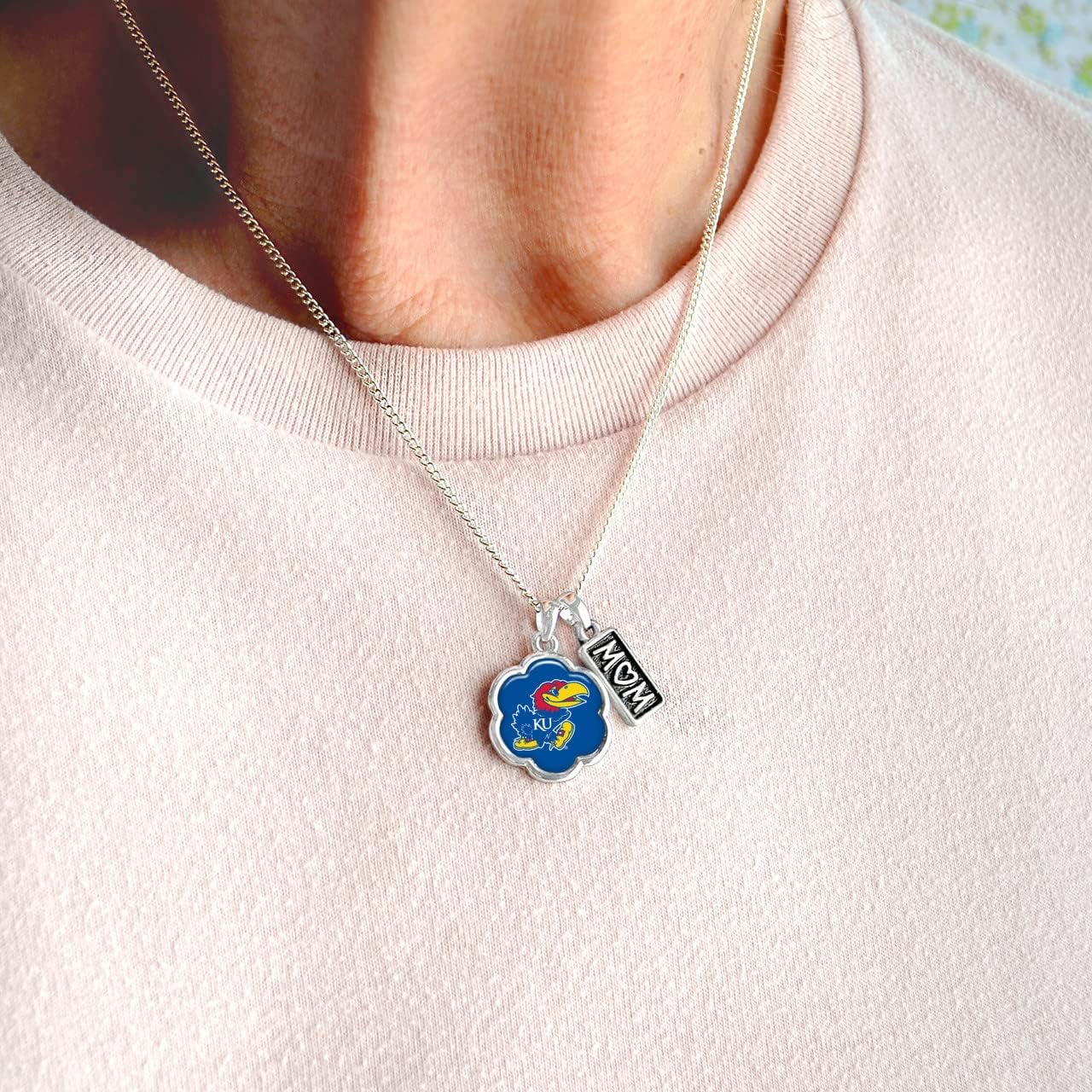 Kansas Jayhawks Hazel Mom Charm Silver Chain Necklace Jewelry Gift KU