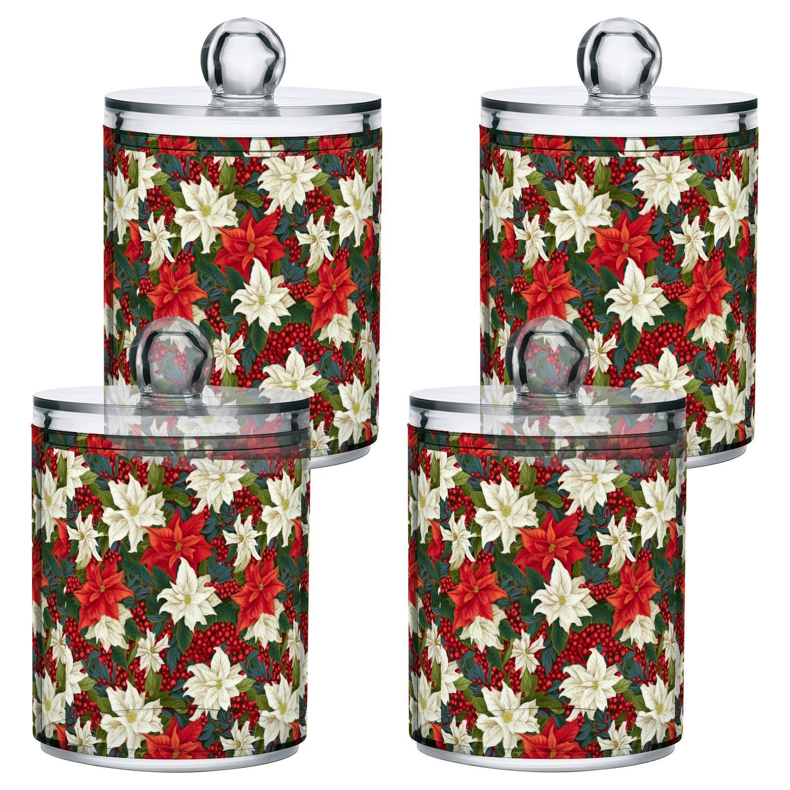 4 Pcs Christmas Xmas Poinsettia Flower 10 OZ Qtip Holder Dispenser for Cotton Ball Cotton Swab Cotton Round